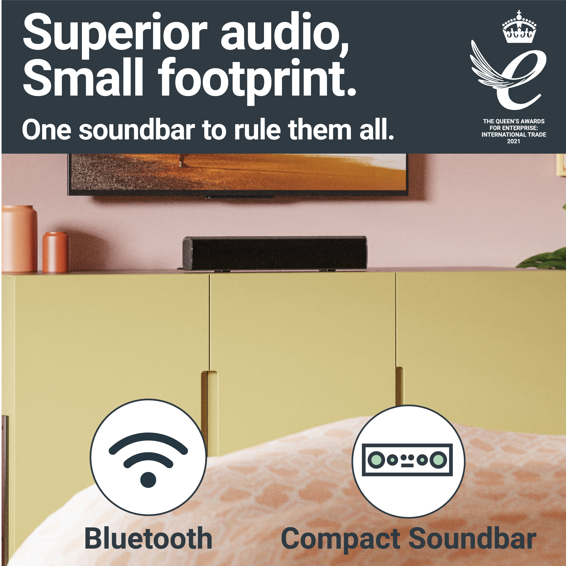 Soundbar na żółtej szafce, z ikonami Bluetooth i kompaktowego soundbara.