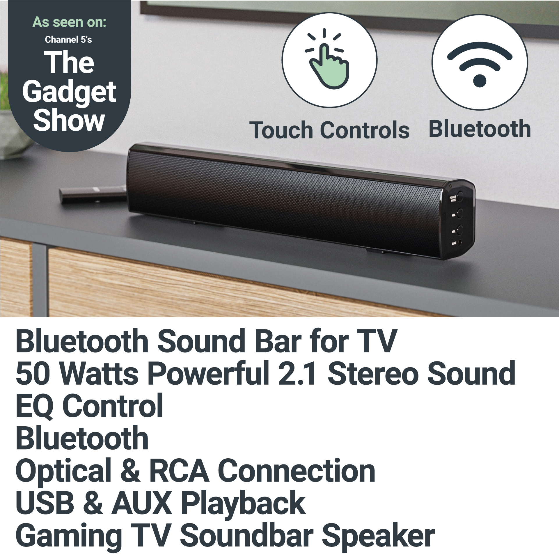 Een Bluetooth soundbar op een kast. Het heeft aanraakbediening, Bluetooth en is een gaming tv soundbar speaker.