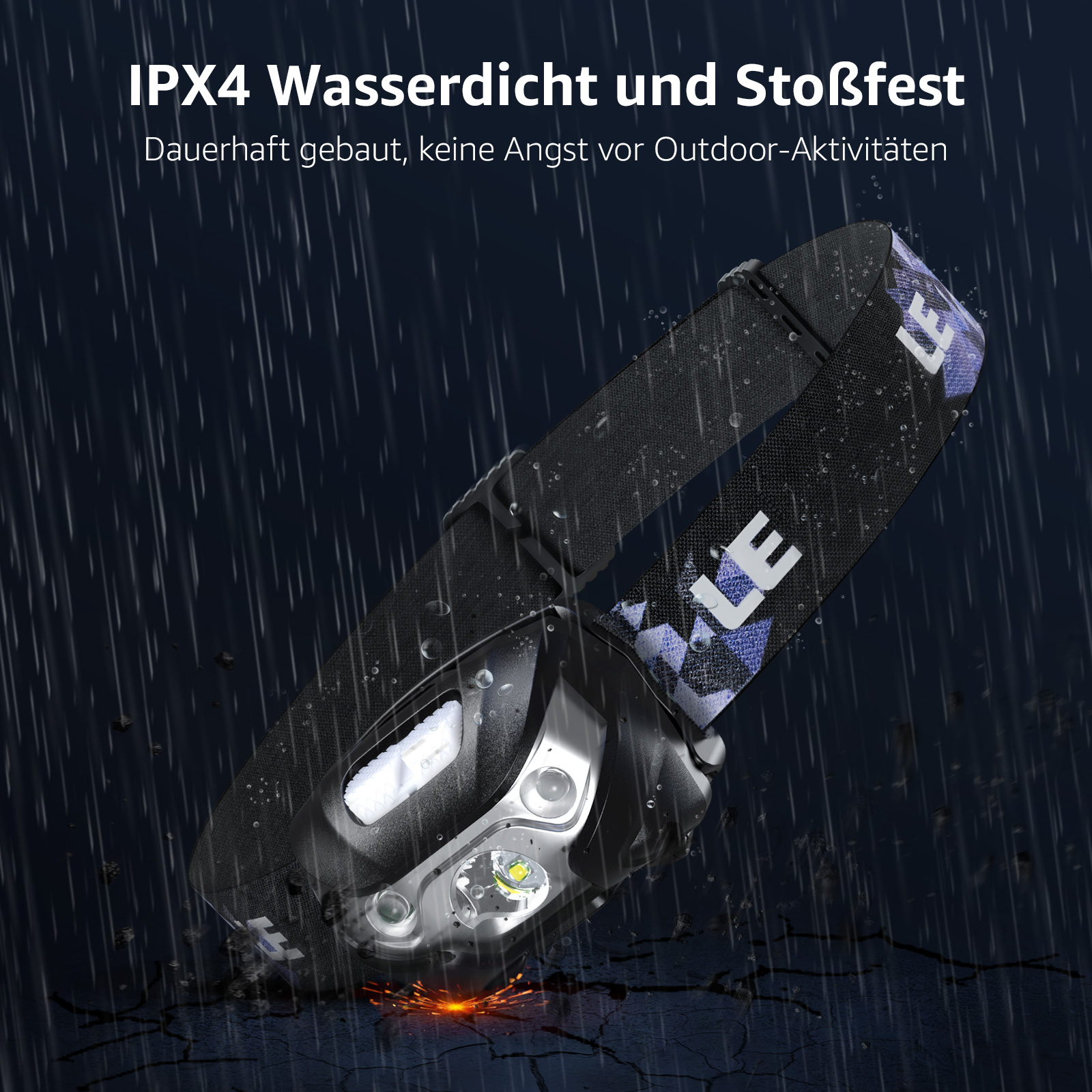 Eine Stirnlampe mit Regen-Effekt, Text über Wasserbeständigkeit.