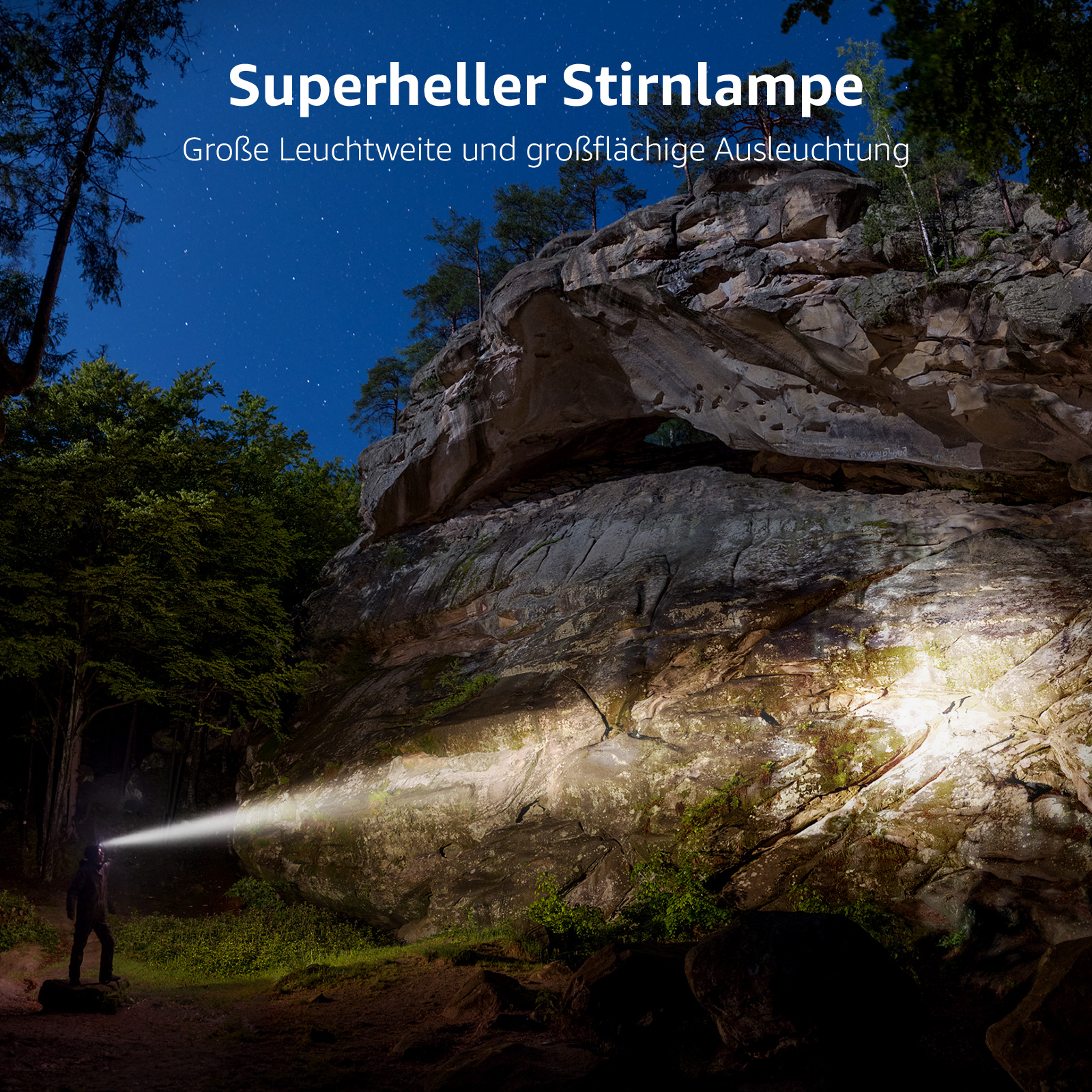 Eine Person im Wald mit Stirnlampe beleuchtet Felswand mit Text darüber.