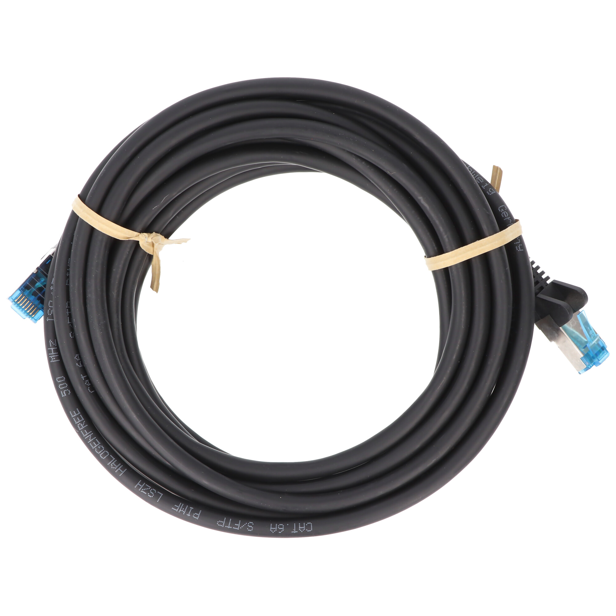 Cavo di rete nero arrotolato. Connettori blu e trasparenti. Sfondo bianco.