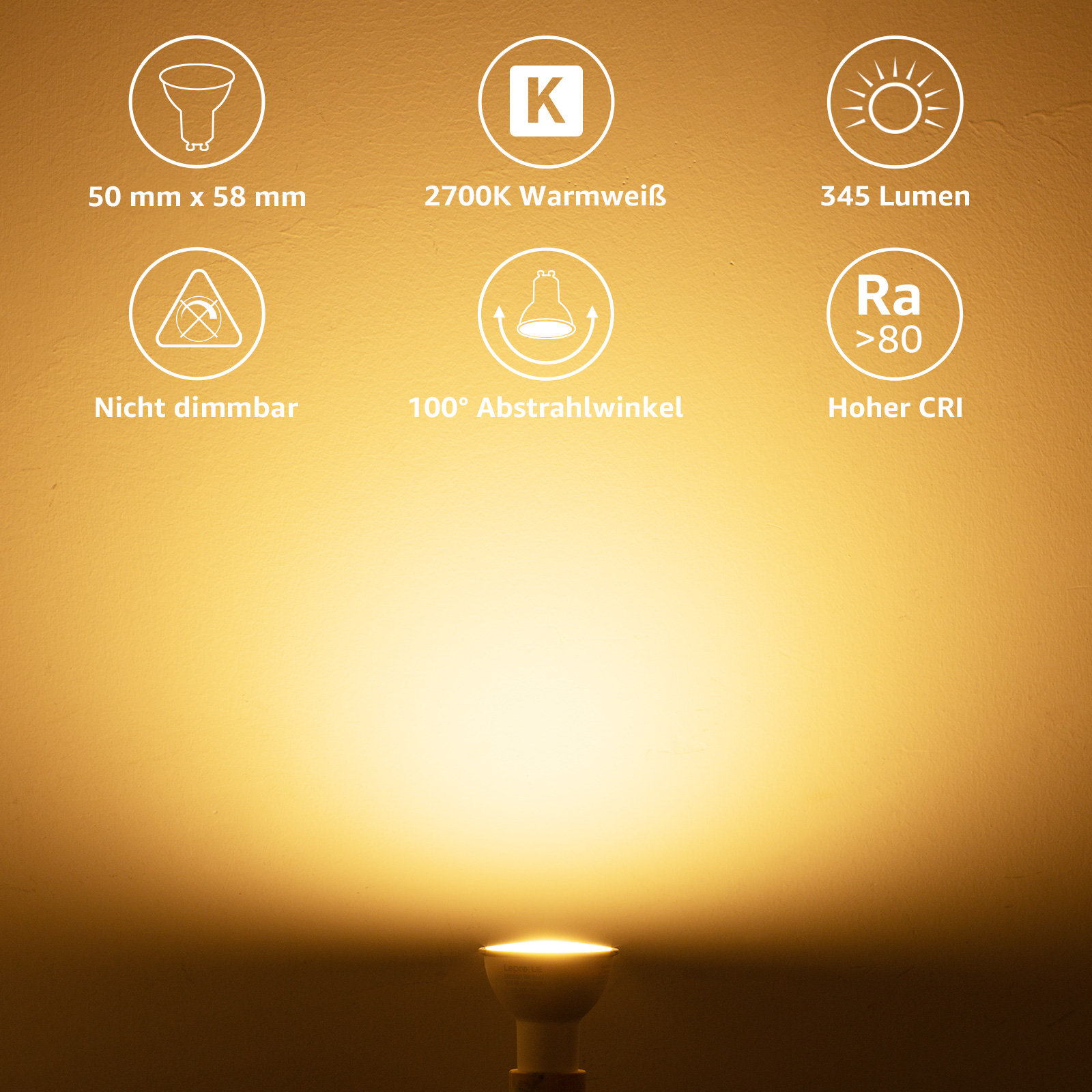 LED-Glühbirne mit Spezifikationen: 50 mm x 58 mm, 2700 K, 345 Lumen und mehr.