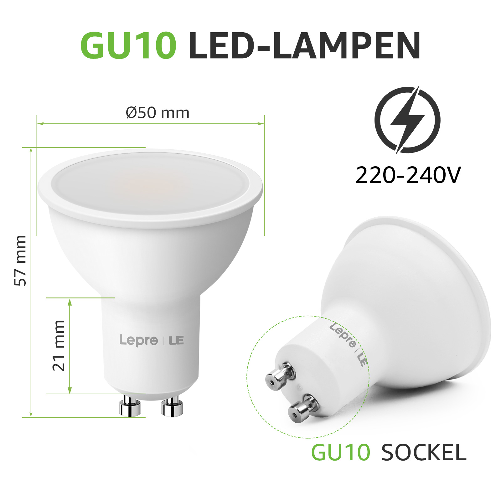 Eine weiße GU10 LED-Lampe mit Abmessungen und Details zum GU10-Sockel.