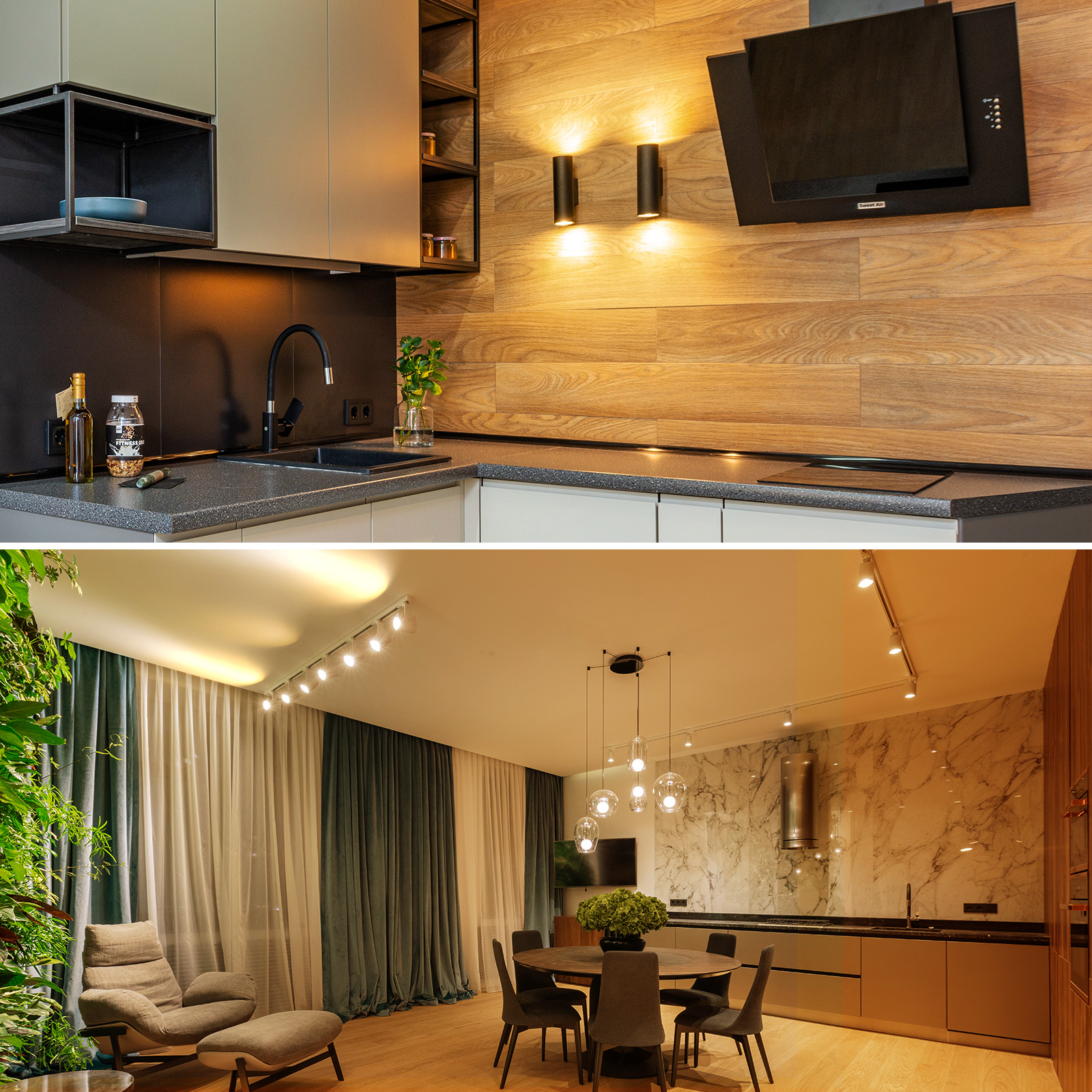 Zwei Küchenszenen. Eine zeigt ein modernes Design mit Holz und dunklen Farben. Die andere ist hell und offen.