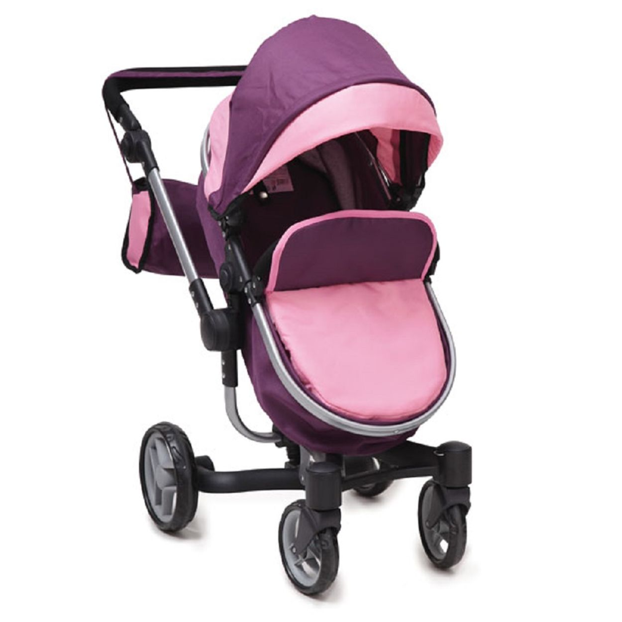 Lila und rosa Kinderwagen mit Verdeck, Tasche und drei Rädern.