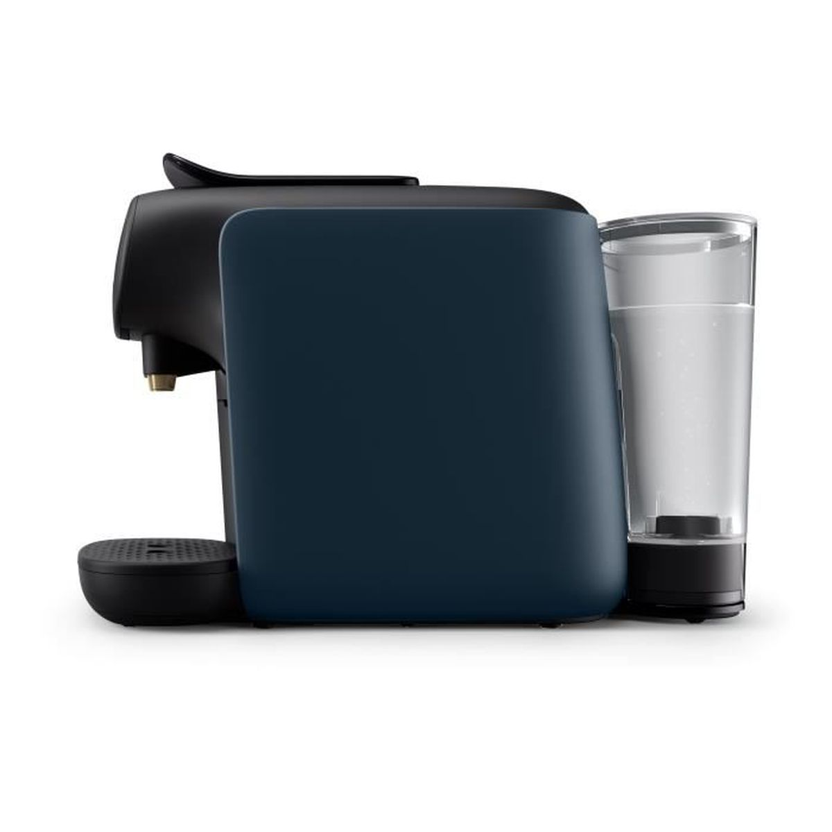 Niebiesko-czarny ekspres do kawy ze zbiornikiem na wodę i wylewką do kawy.