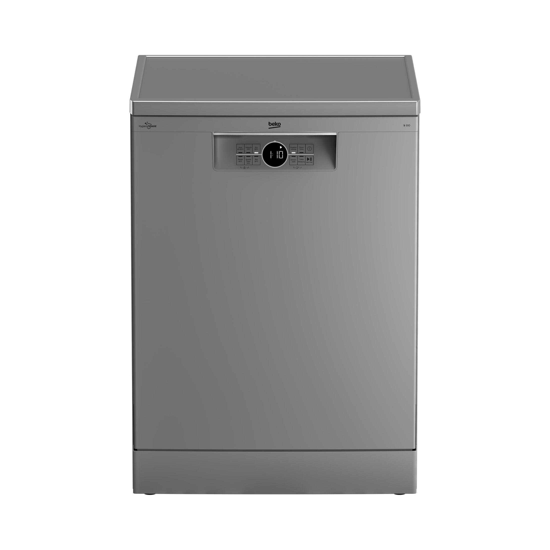 Ein silberner Beko Geschirrspüler. Die Spülmaschine ist silberfarben mit Digitalanzeige und Knöpfen.