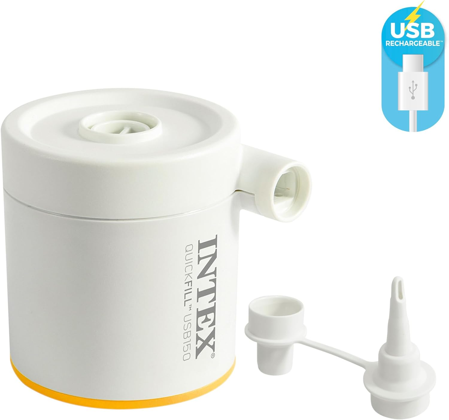 Witte en oranje Intex Quickfill USB-luchtpomp met hulpstukken.