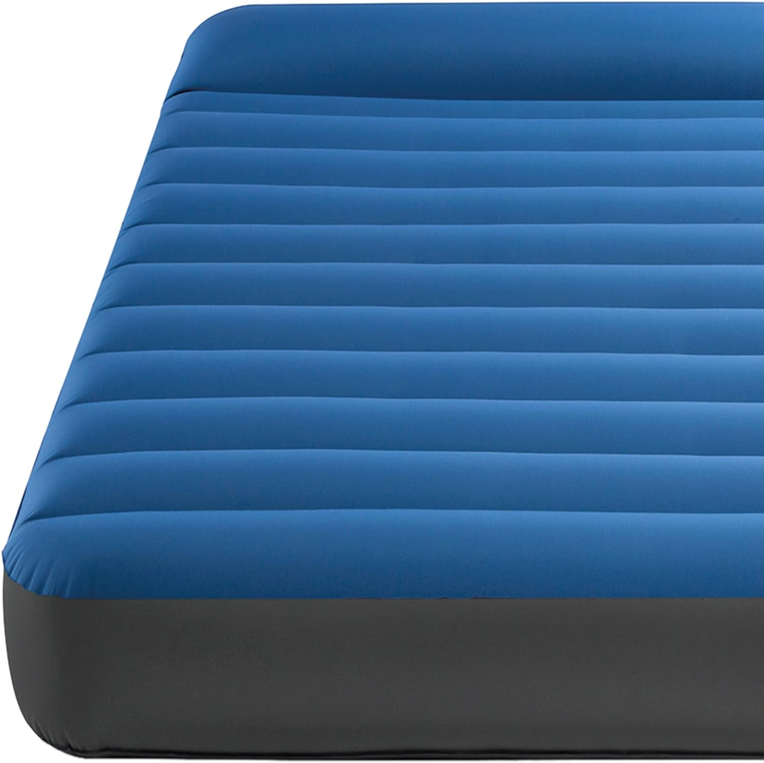 Blauw opblaasbaar matras, met horizontale ribbels. Grijze basis.