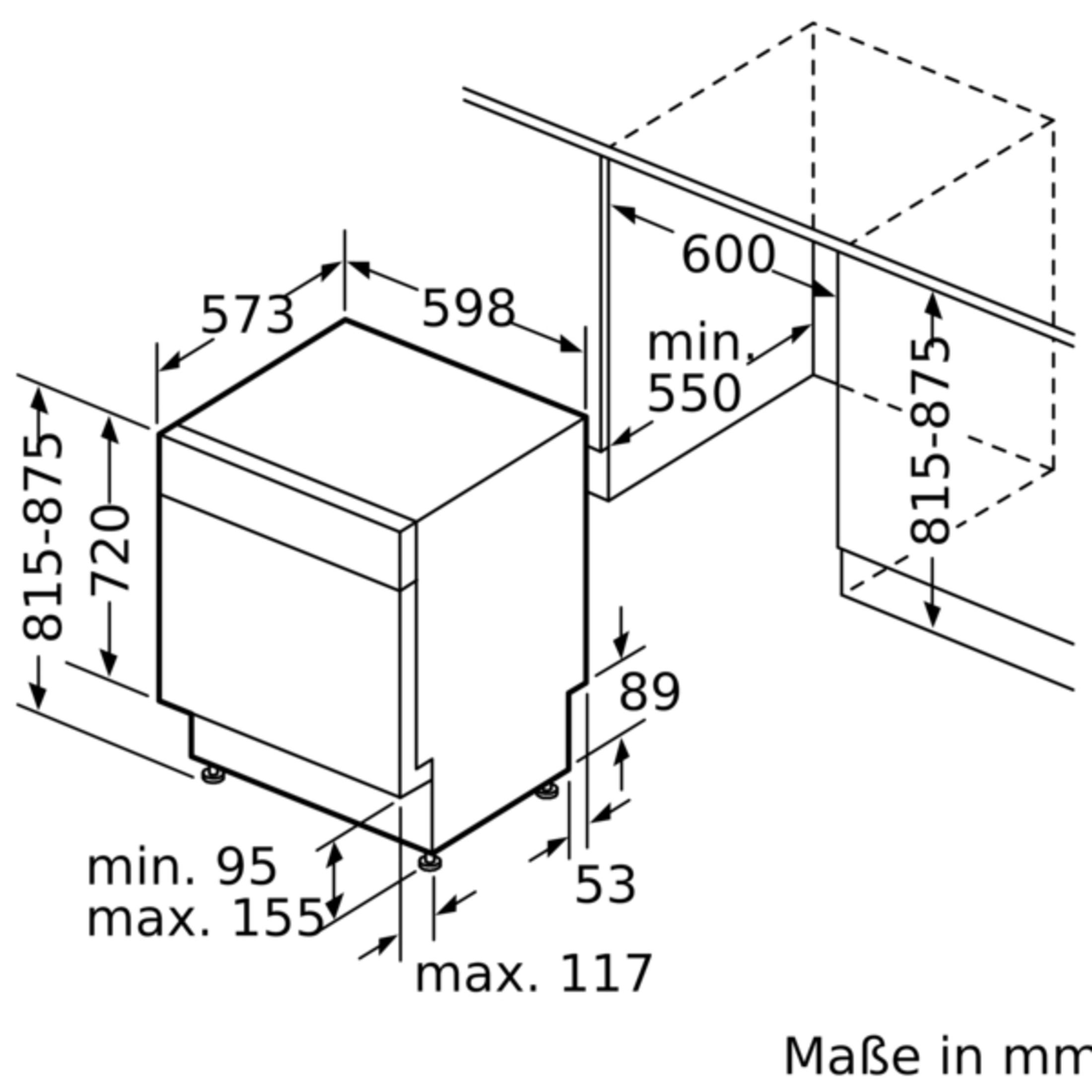 Diagramm mit Abmessungen für den Einbau eines Geschirrspülers. Enthält Maße in Millimetern. Schwarz und Weiß.
