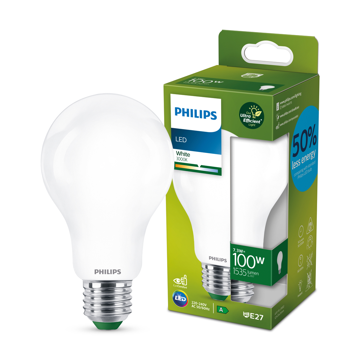 Eine Philips LED-Glühbirne und ihre Verpackung. Die Box zeigt die Spezifikationen der Glühbirne, einschließlich Energieeffizienz.