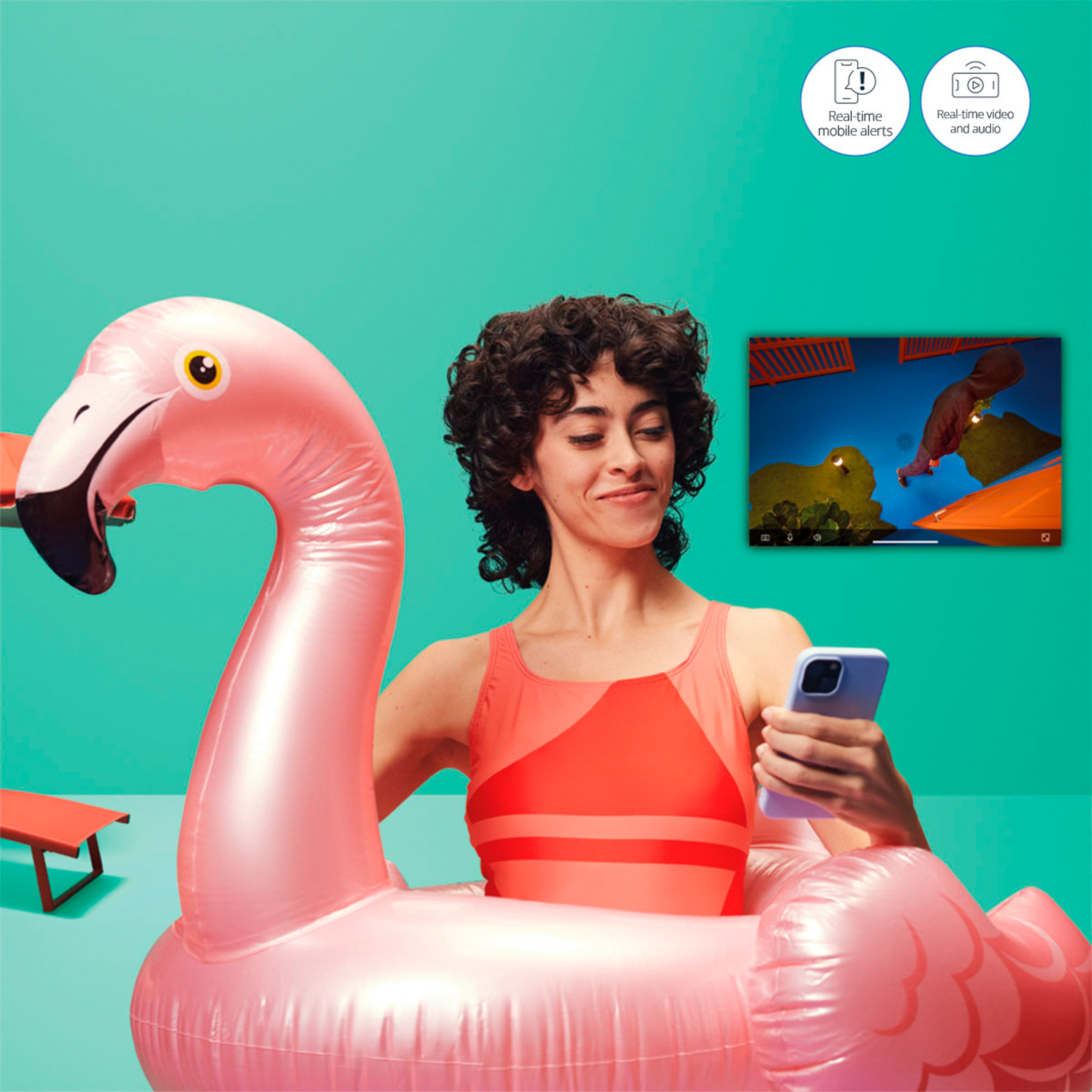 Woman on inflatable flamingo looking at phone. Text: Real-time video and audio.