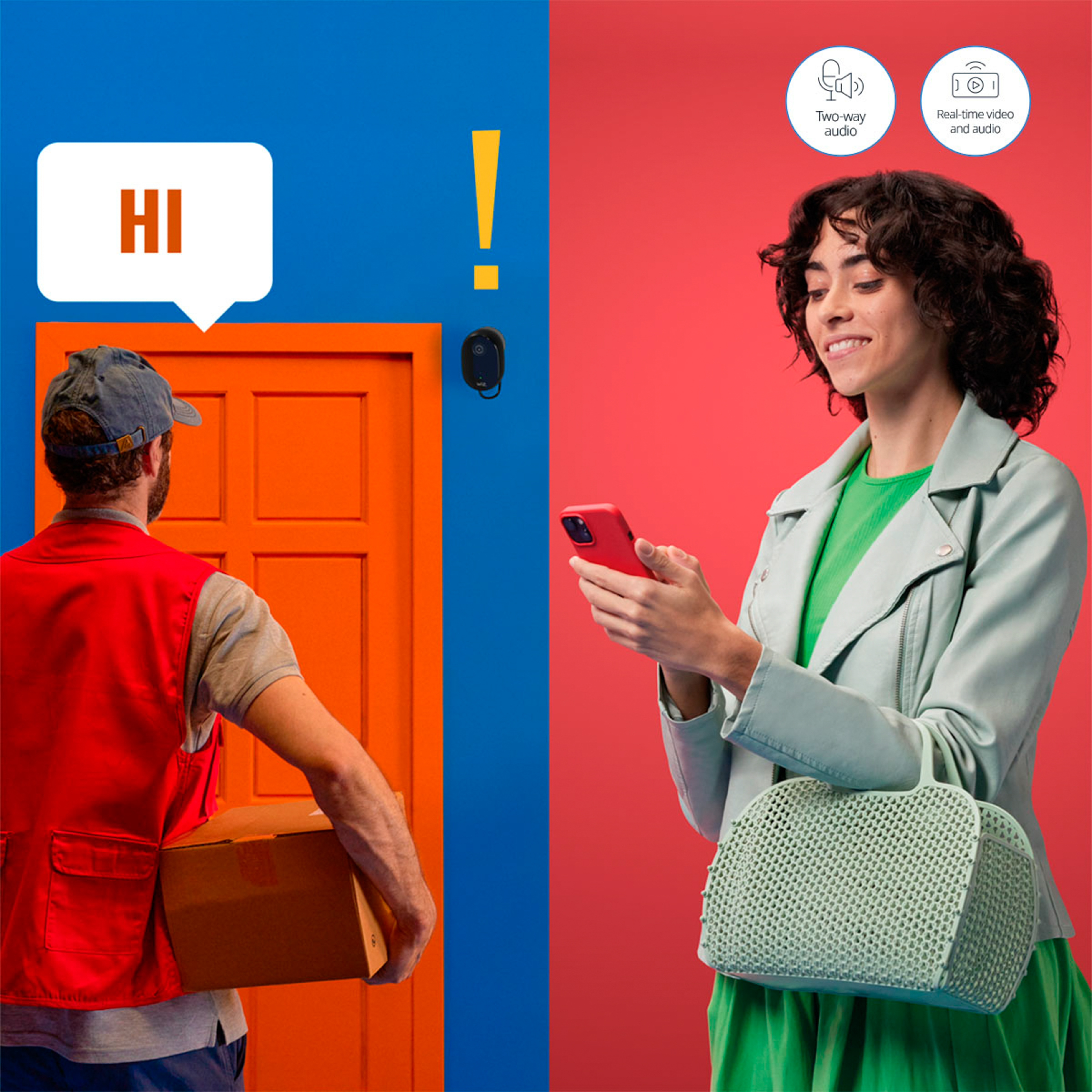 Man at door saying 'Hi', woman using phone. Smart home system.