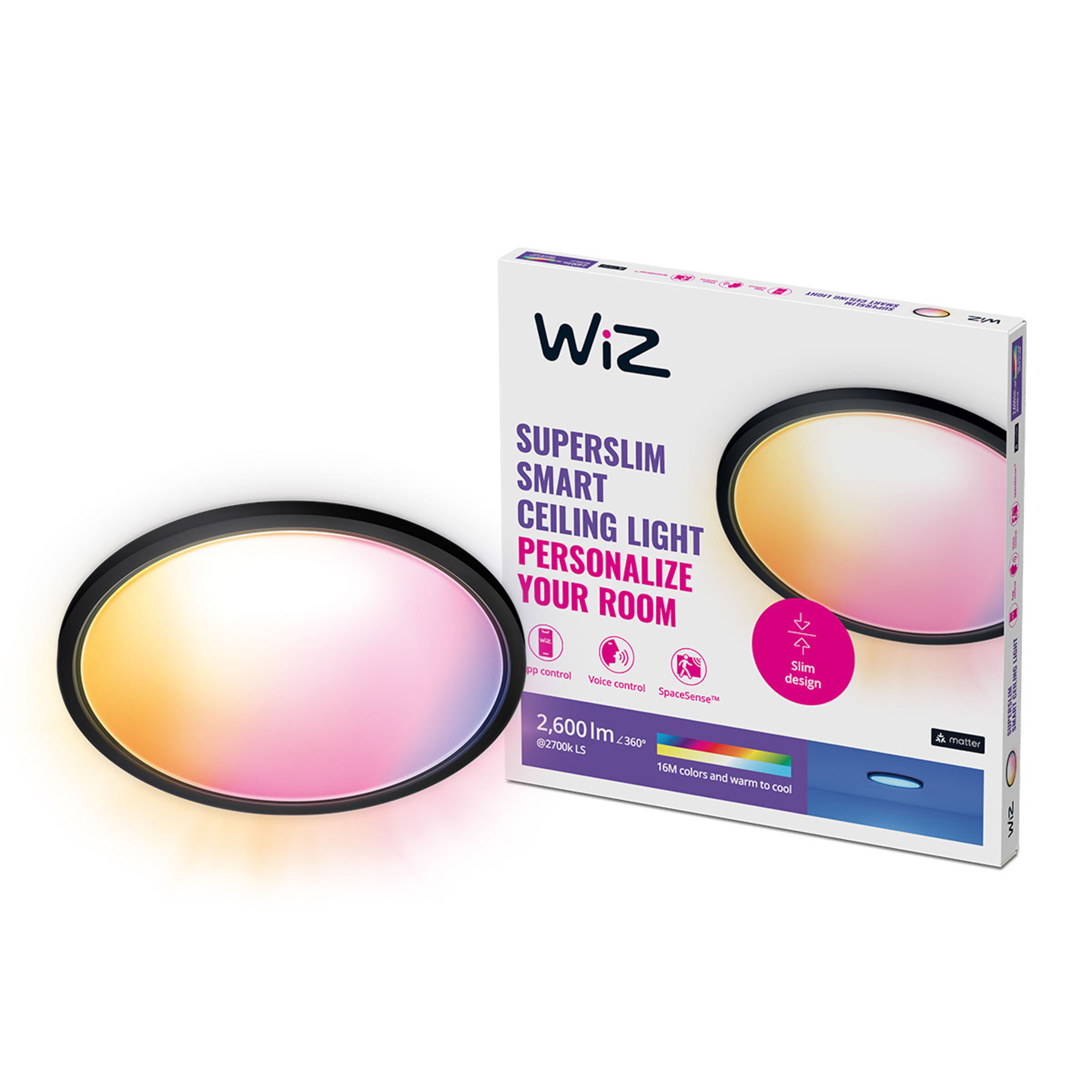 Ronde plafondlamp en doos. Licht straalt kleuren uit. Doos zegt 'Superslim Smart Ceiling Light'.