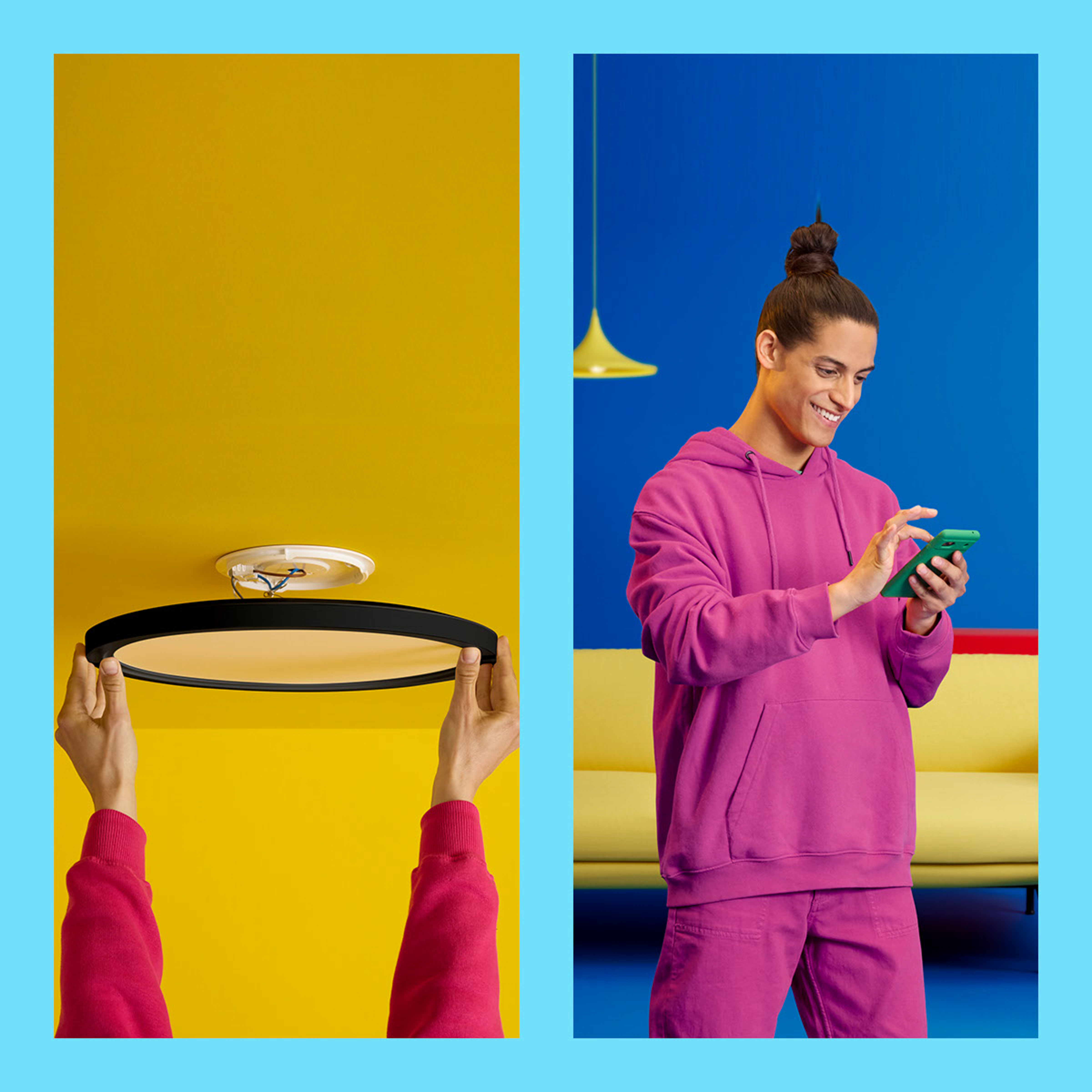 Een persoon installeert een ronde lamp op een geel plafond. Een andere persoon gebruikt een telefoon op een blauwe achtergrond.