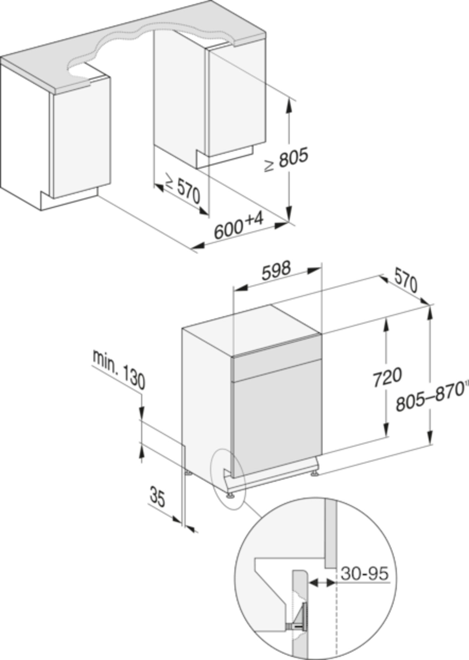 Diagramm mit Abmessungen eines Küchengeräts, Maße in mm.
