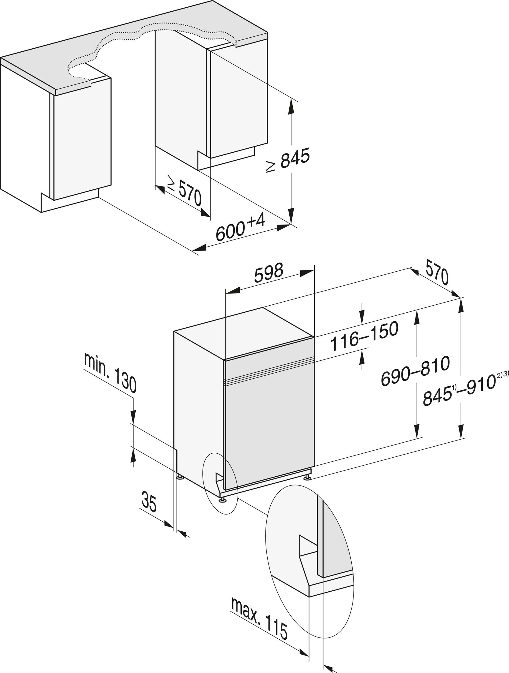 Diagramm eines Geschirrspülers. Maße und Abmessungen sind im Bild dargestellt.