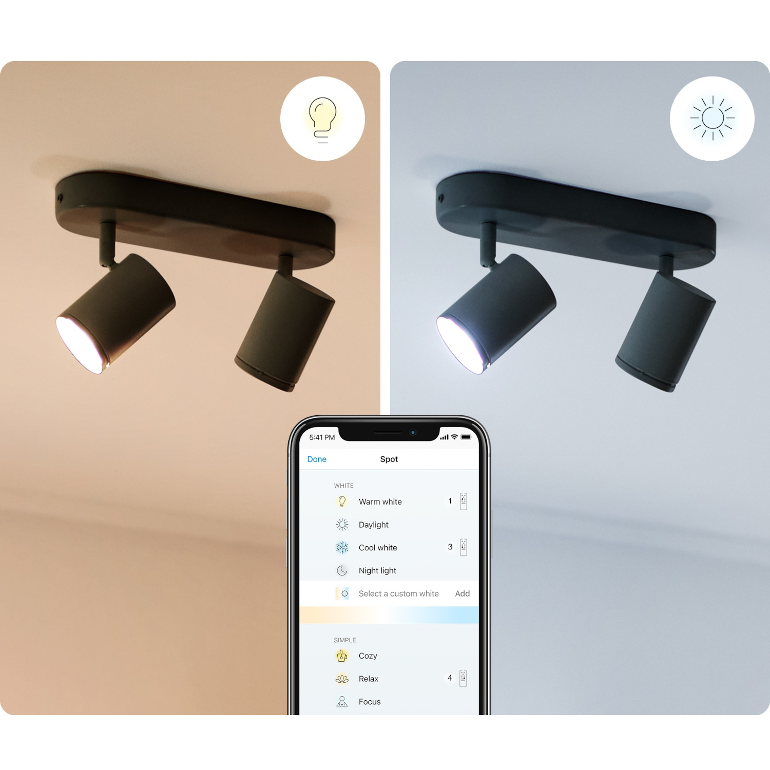 Due luci a soffitto con un telefono che mostra le opzioni di luce. Una luce mostra luce calda, l'altra fredda.