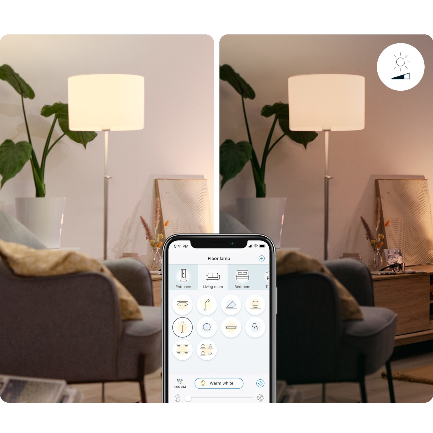 Due immagini di una lampada con luce bianca calda. Un telefono mostra l'interfaccia di controllo.