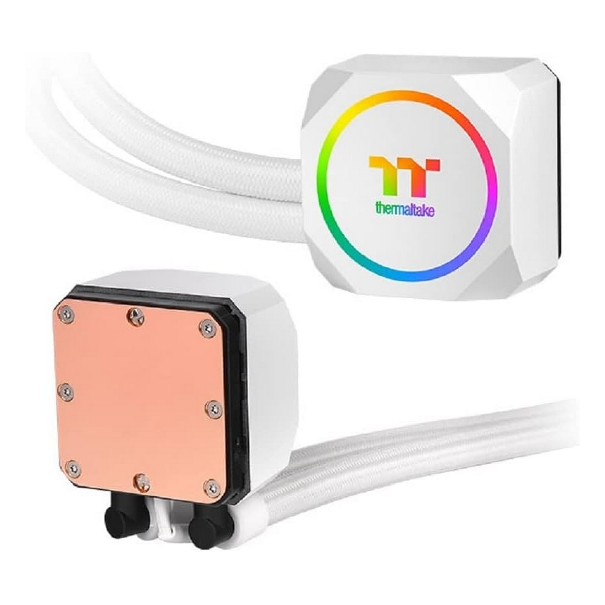 Un sistema de refrigeración por agua blanco con luz de color en la parte superior y una placa de cobre debajo.