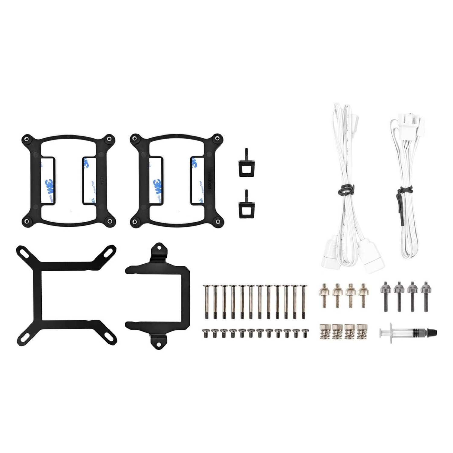 Componentes informáticos sobre blanco. Incluye soportes, tornillos y cables. Esquema de color blanco y negro.