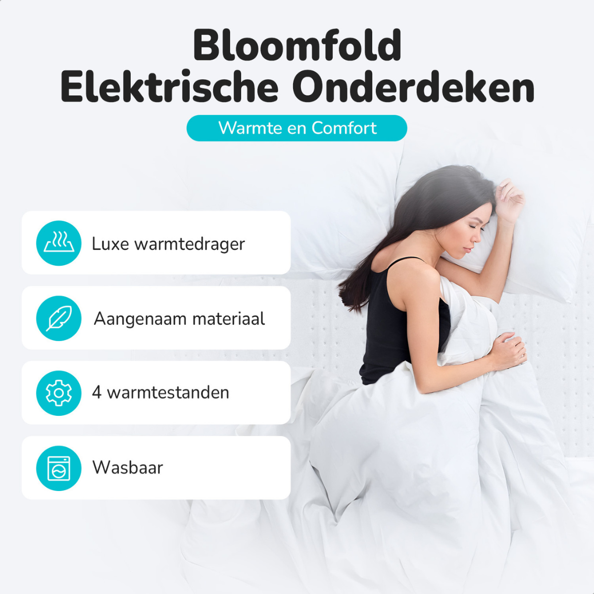 A woman lying under a white blanket on a bed with text about an electric blanket.