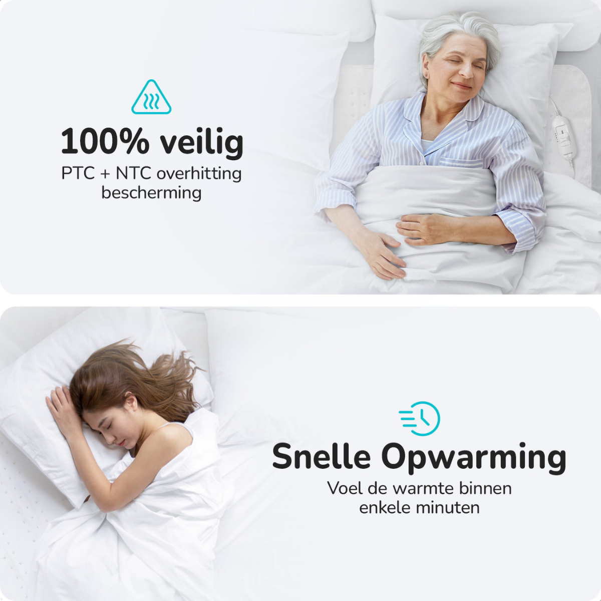 Two panels. Woman sleeping, text: 100% safe. Girl sleeping, text: Fast warming.