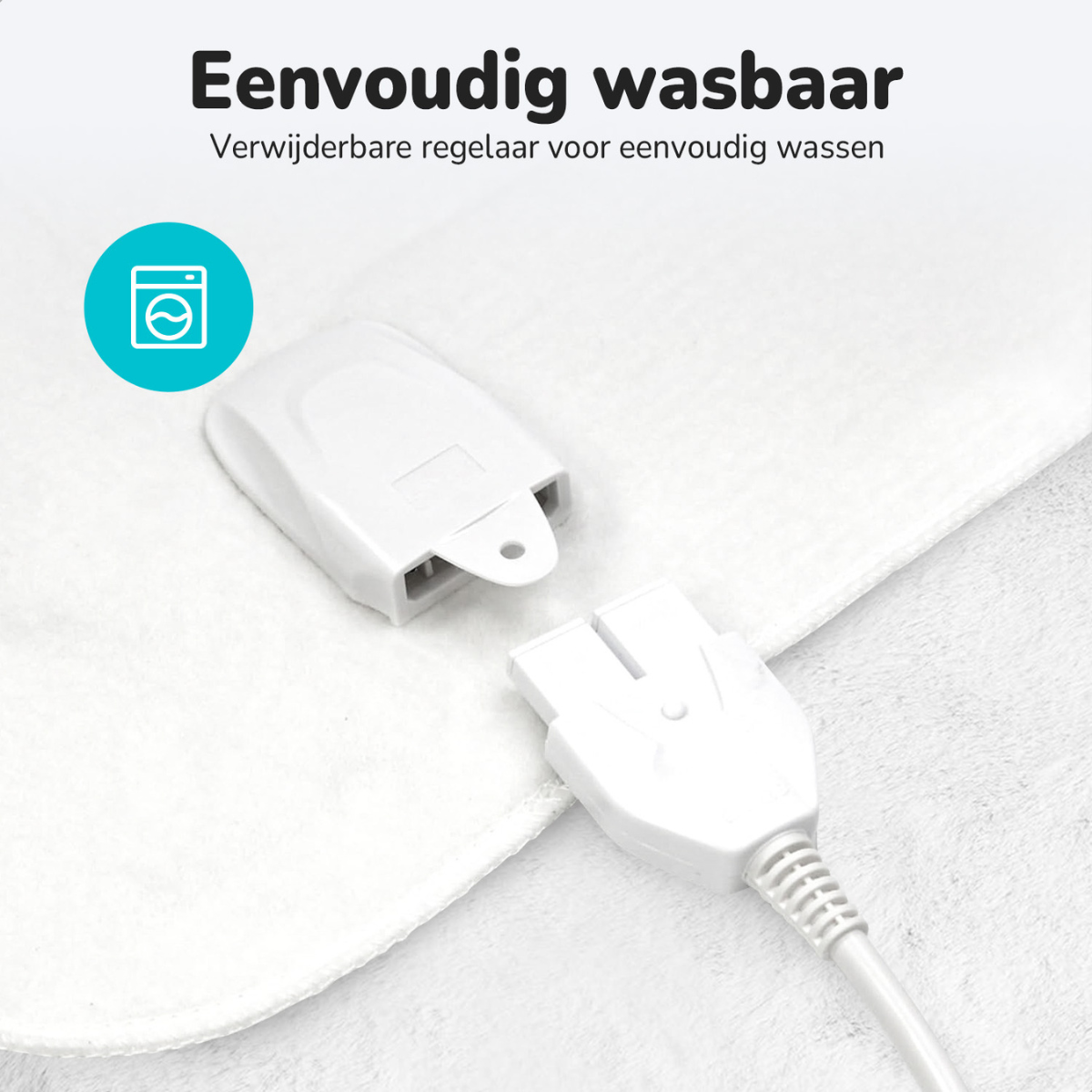 White plug with removable regulator, white blanket. Text: "Easy washable. Removable regulator for easy washing."