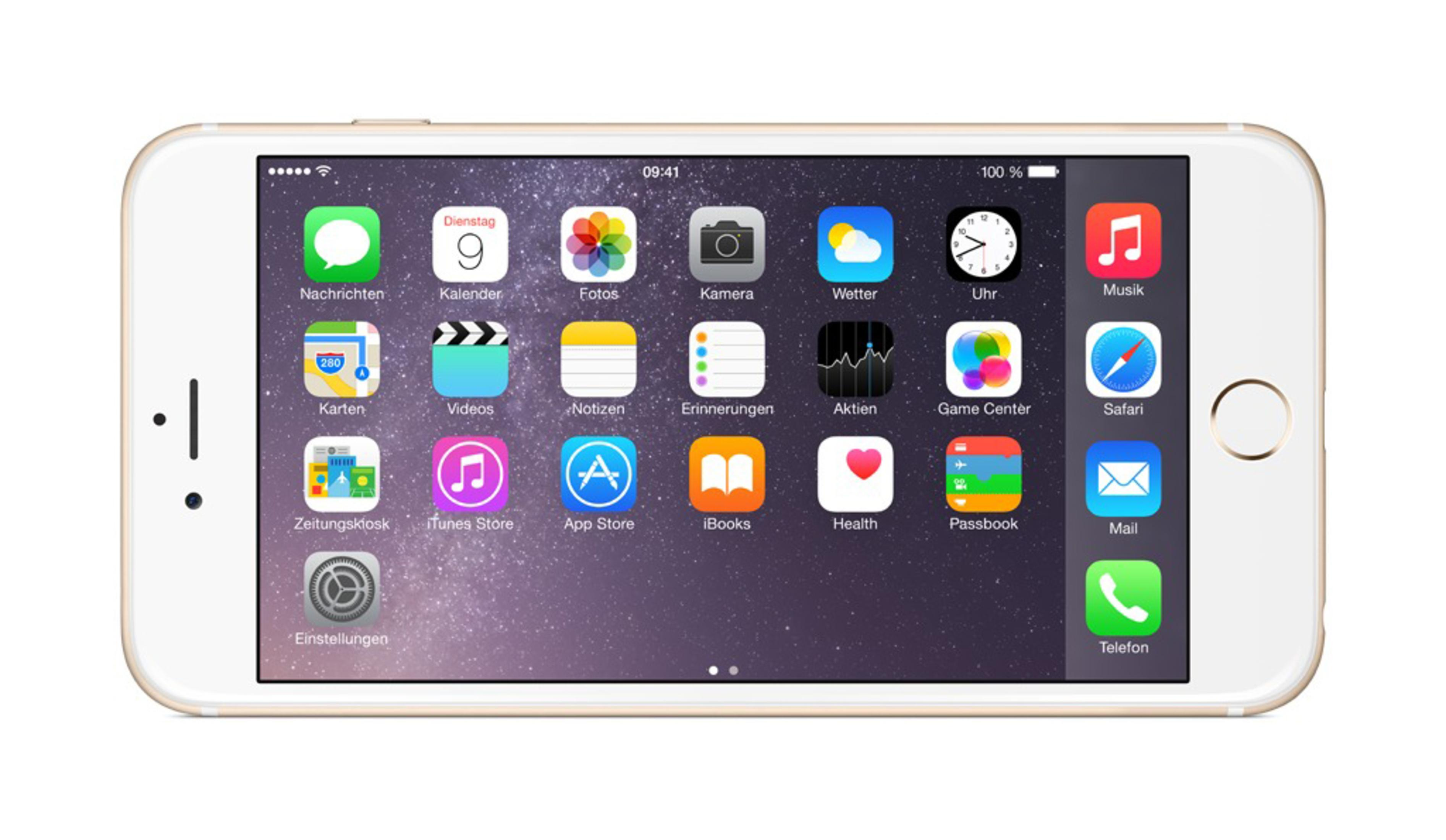 iPhone im Querformat mit App-Symbolen. Goldenes Telefon, weißer Bildschirm, auf weißem Hintergrund.