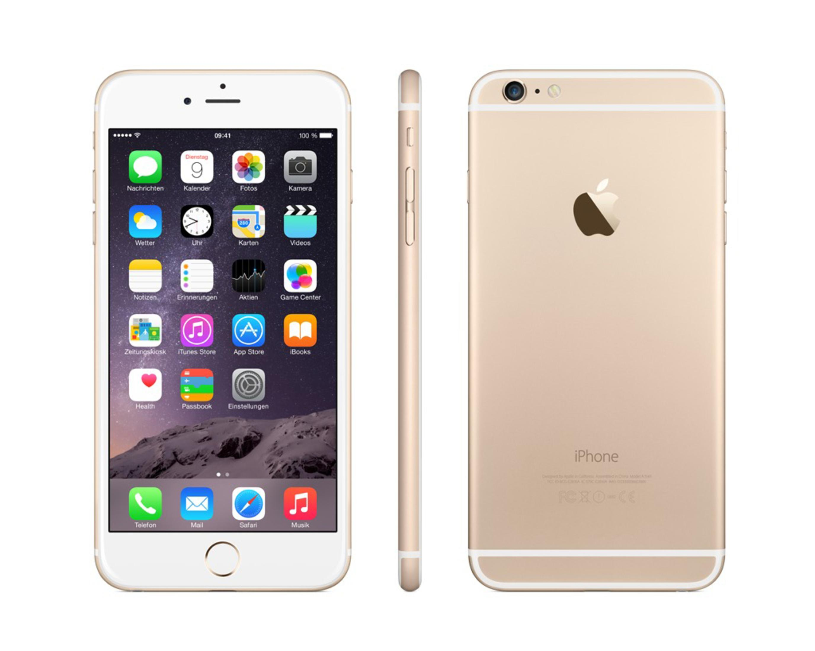 Ein goldenes iPhone mit drei Ansichten: vorne, Seite und hinten, alles auf weißem Hintergrund.