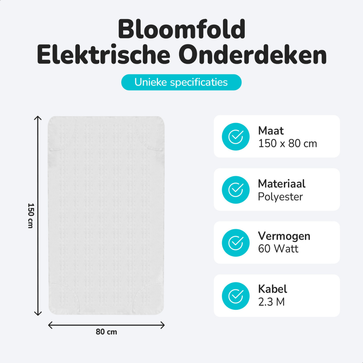 A white electric blanket with specifications, including size, material, and power.