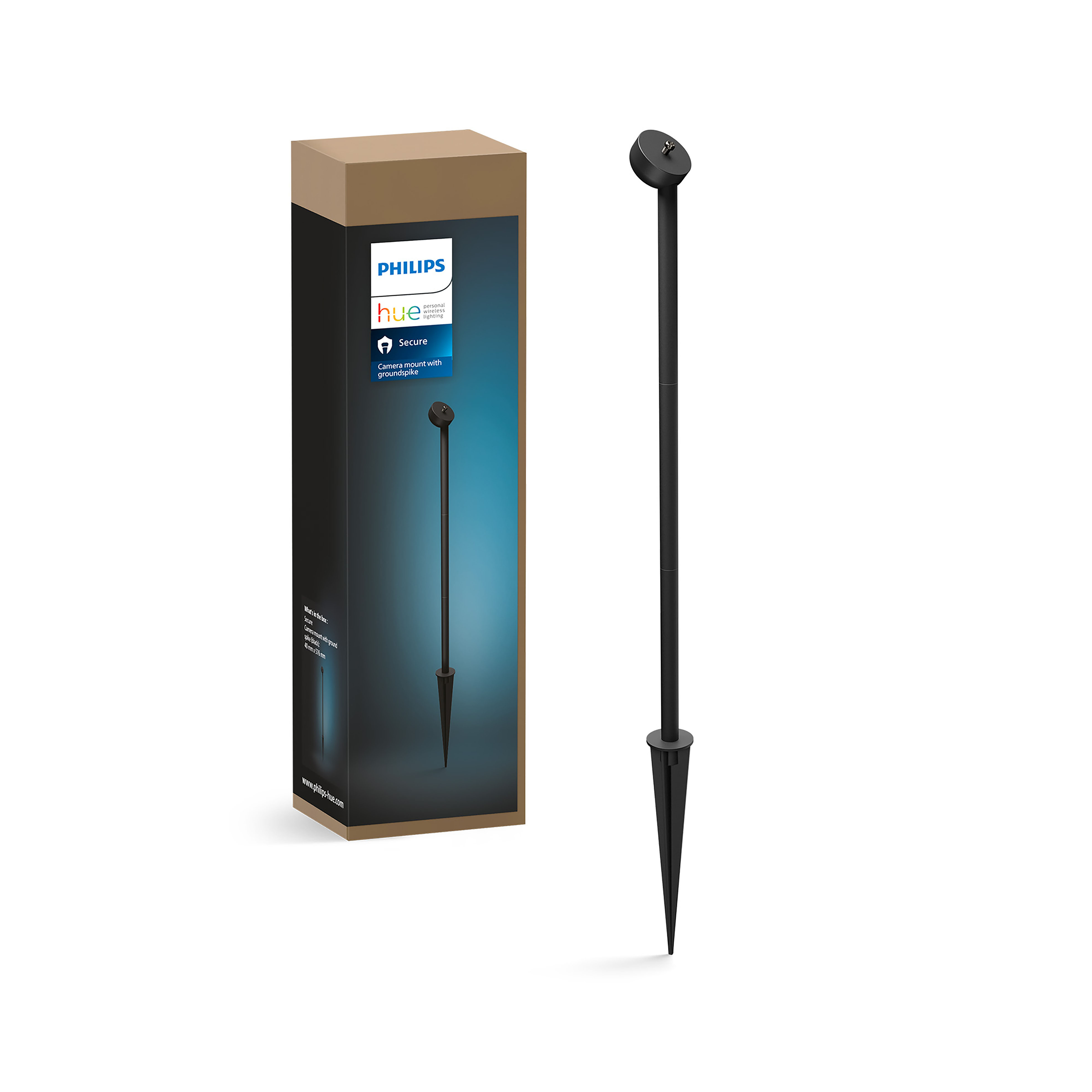 Zwarte Philips Hue buitenlamp op een paal, doos aan de zijkant. Tekst: "Veilige verbinding met grondpen."