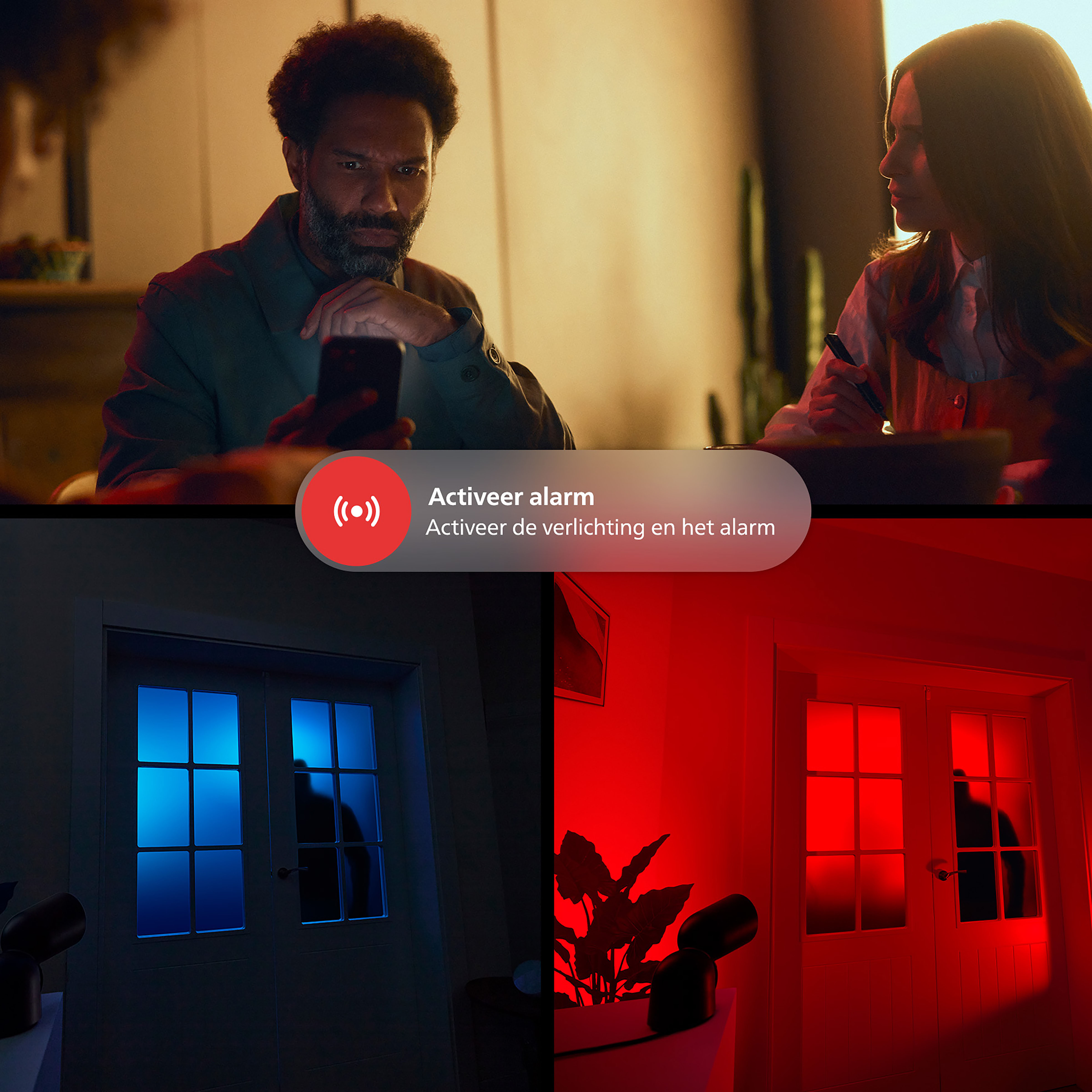 Mężczyzna i kobieta z telefonem. Dolne sceny pokazują drzwi z niebieskimi i czerwonymi światłami.