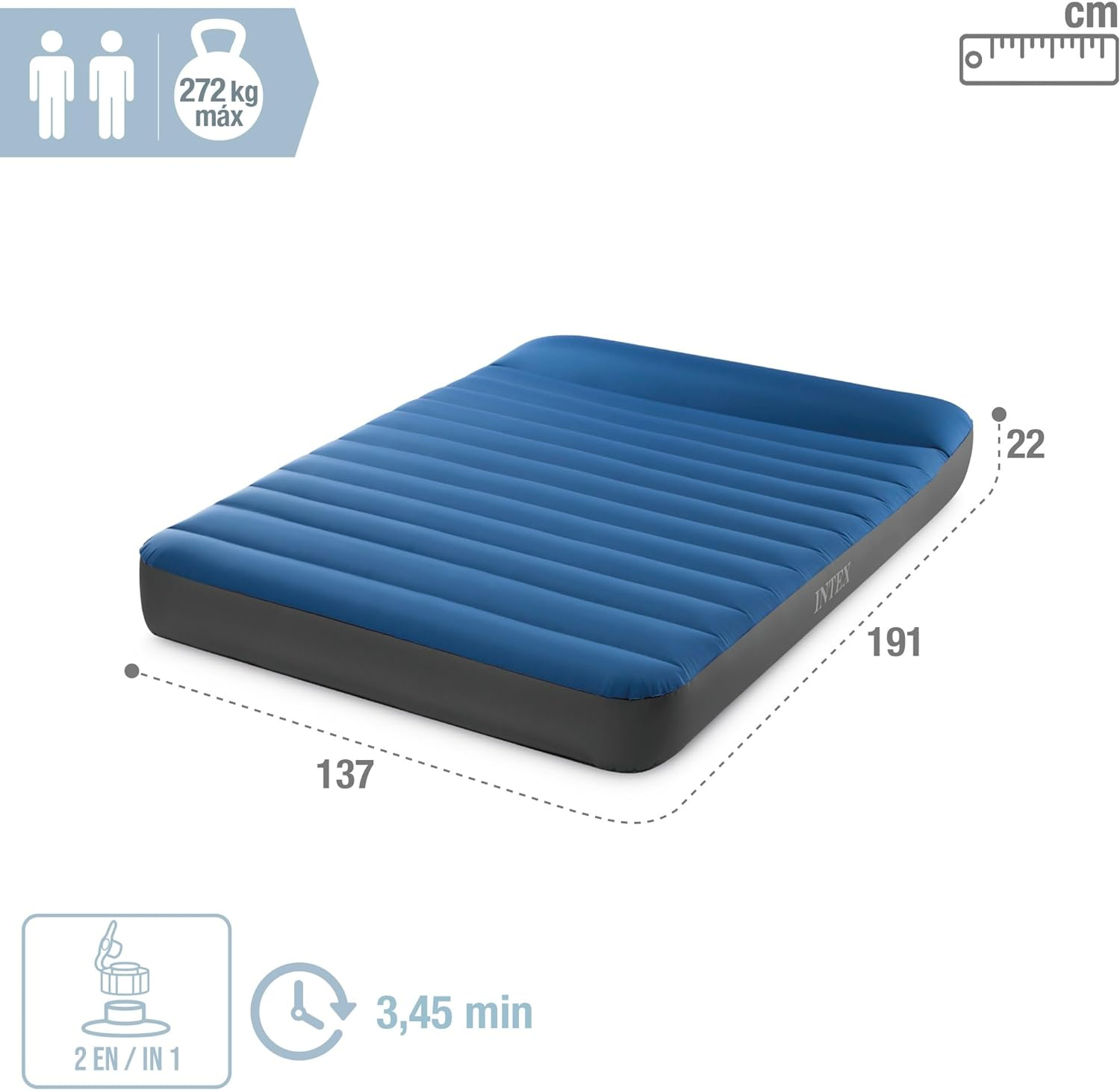 Een blauw en grijs opblaasbaar matras. Afmetingen worden getoond. Het kan tot 272 kg dragen.