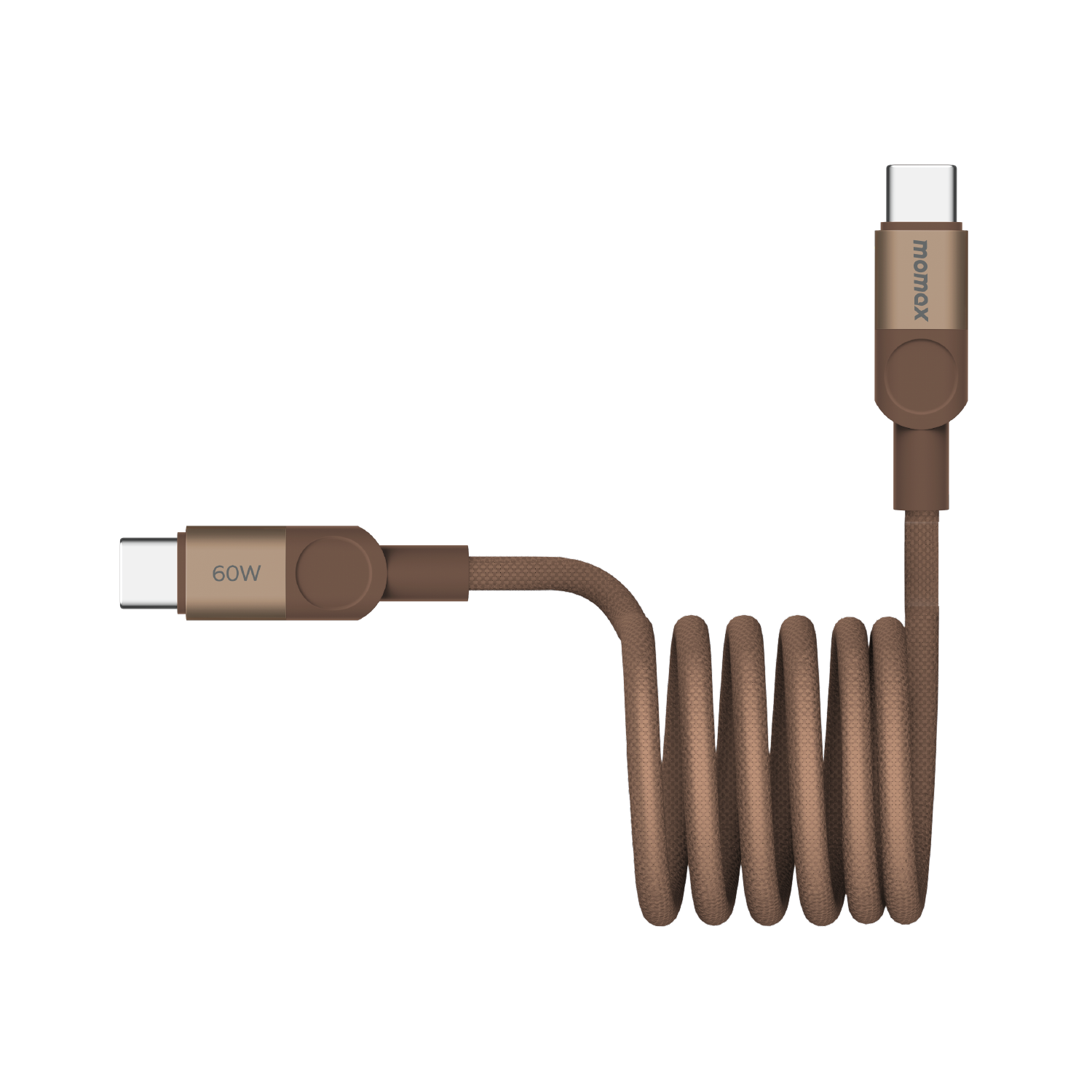 Her iki ucunda USB-C konektörleri bulunan kahverengi bir spiral kablo. Kablo 60W olarak etiketlenmiş.