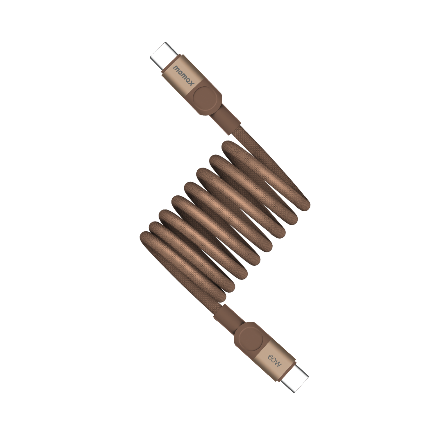 Siyah arka planda USB-C konektörlü kahverengi spiral kablo. 60W ve momax işaretli.