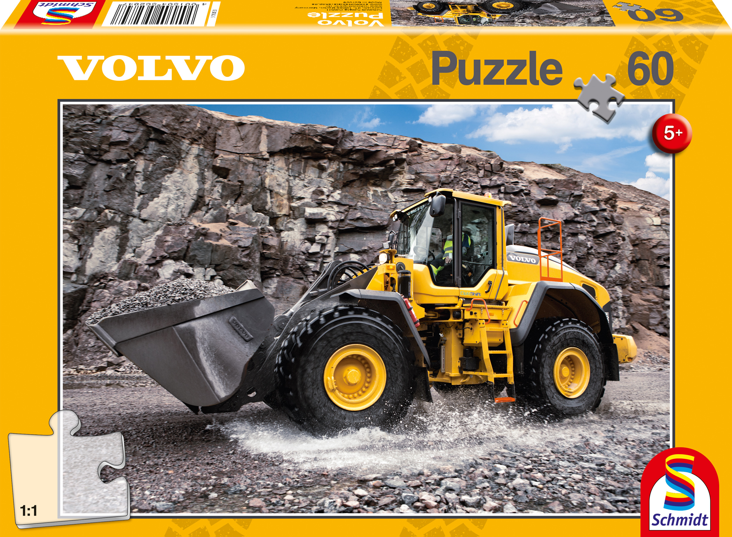 Gelber Volvo-Lader auf felsigem Gelände, Teil eines Puzzles.