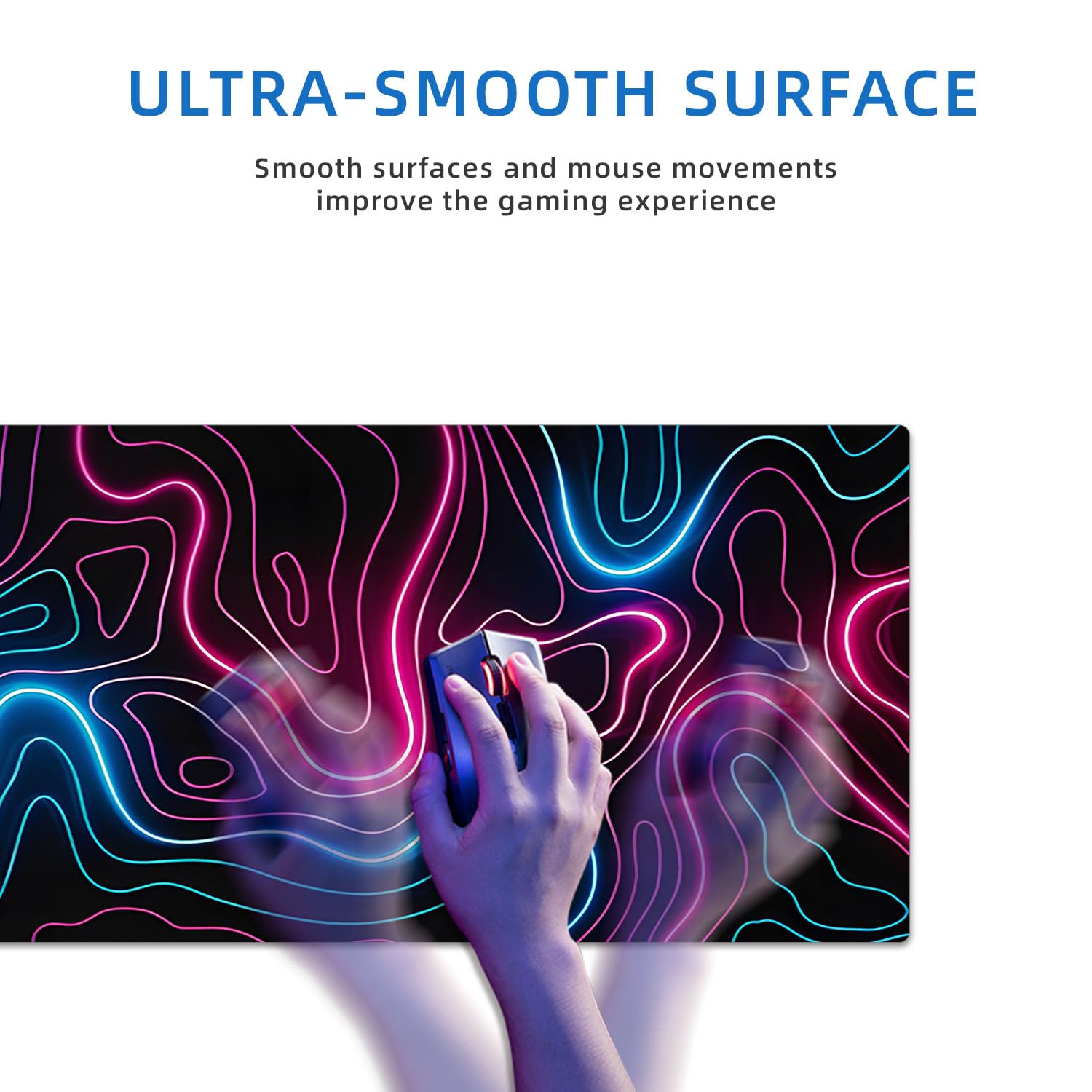 Podkładka pod mysz z neonowym wzorem. Ręka używa myszy na podkładce.