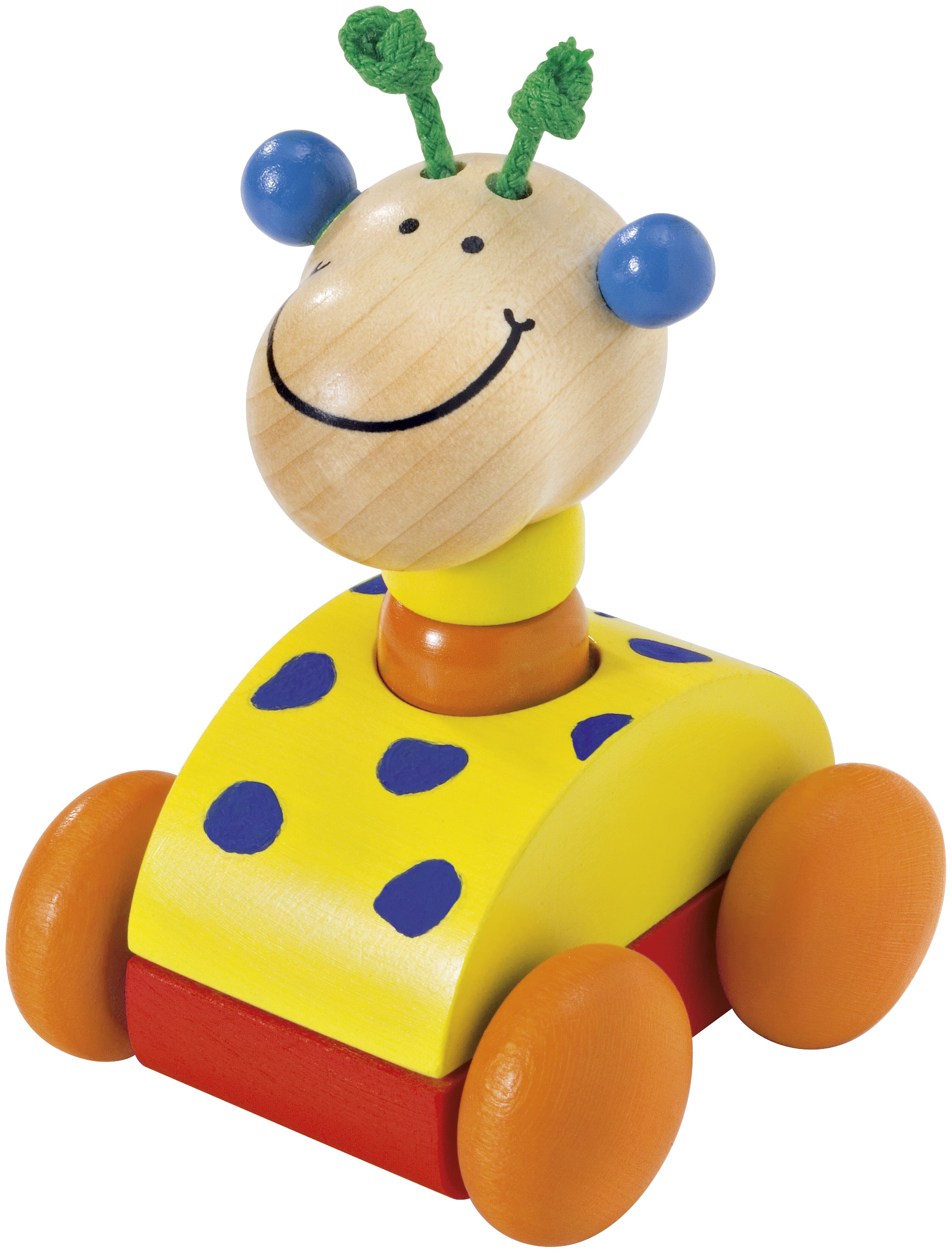 Holzspielzeug-Giraffe in Gelb, Orange und Blau, mit einem lächelnden Gesicht.