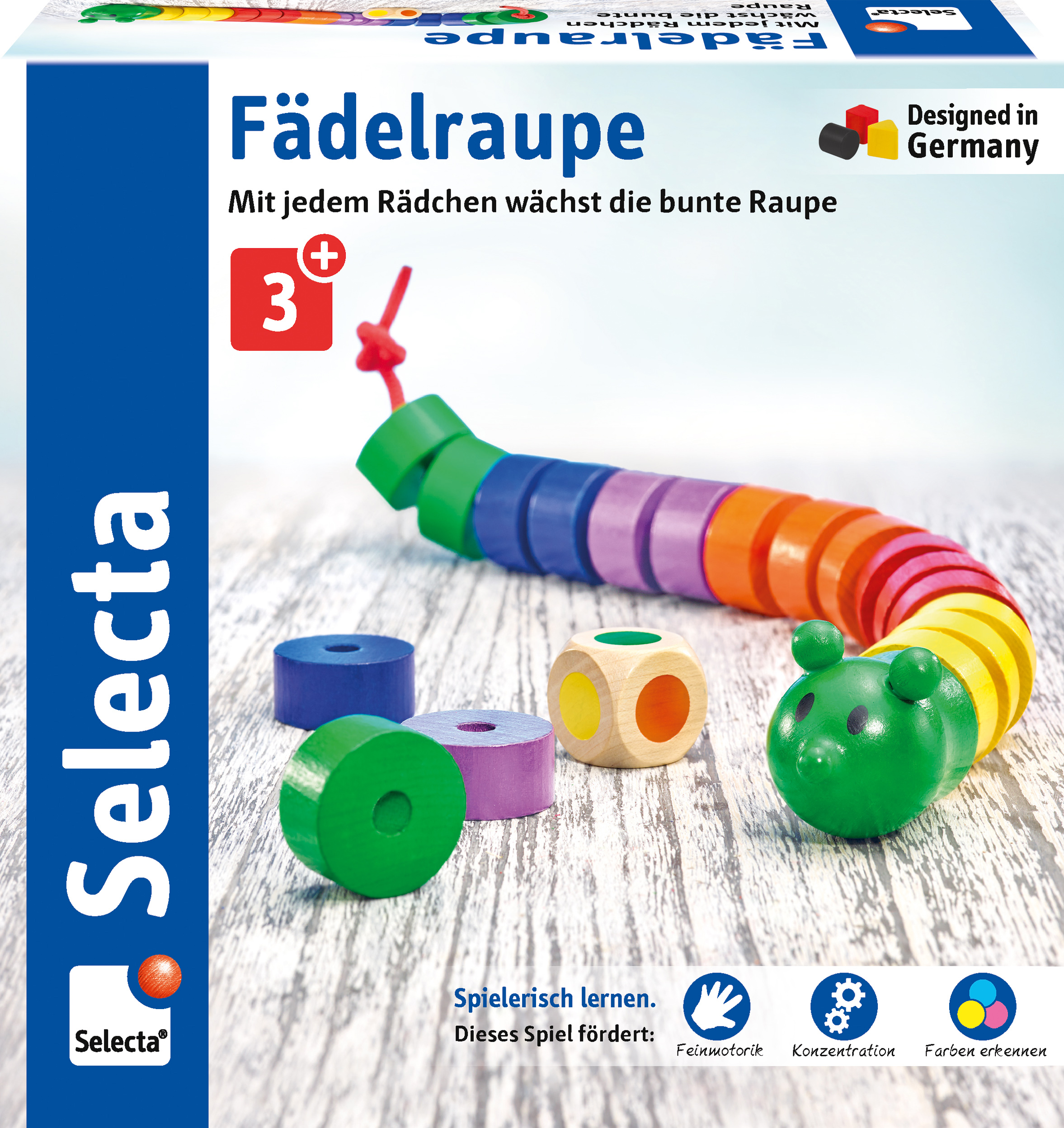Holzspielzeug mit bunten Perlen und Figuren auf einem Holztisch.