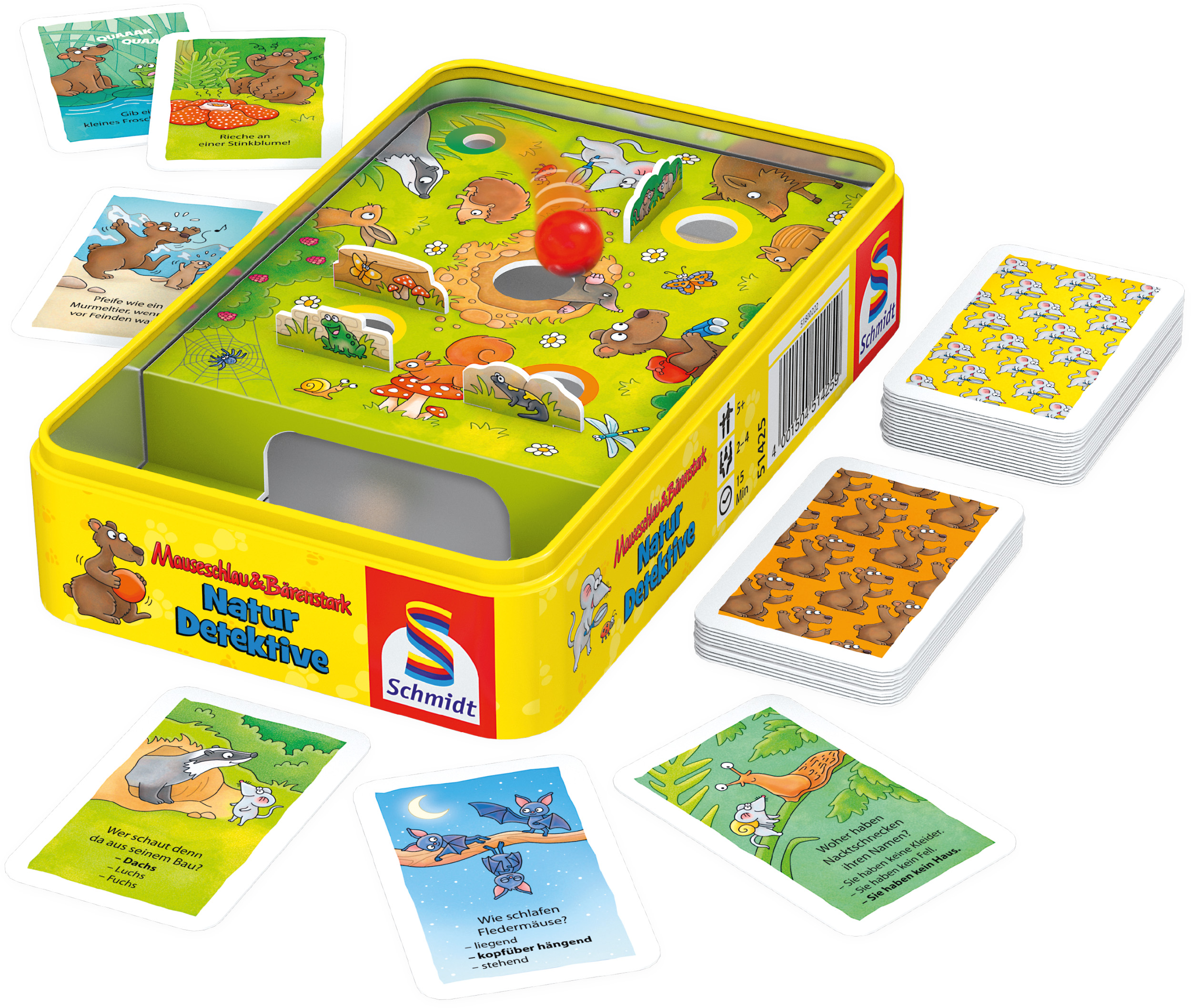 Spielbox mit Karten, einem Spielbrett und Spielsteinen.
