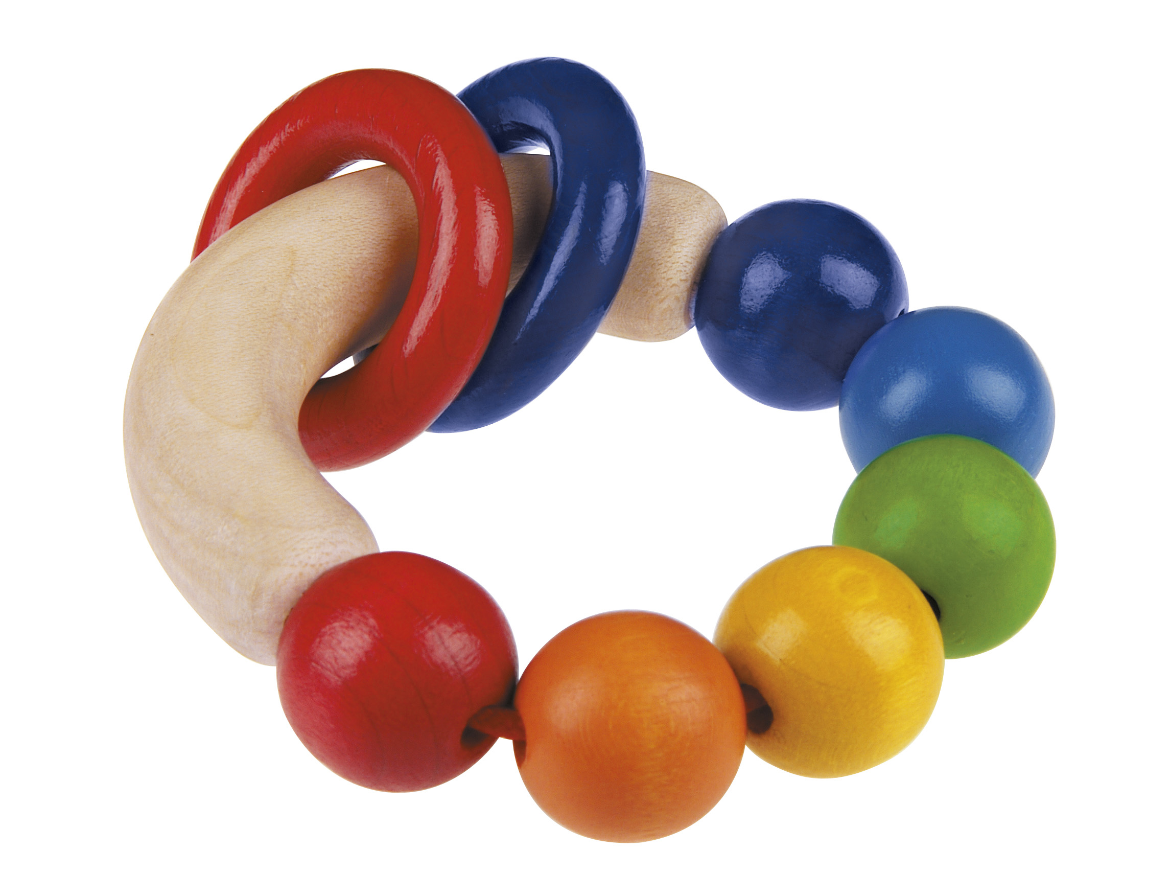 Ein Holzspielzeug für Babys mit bunten Ringen und Perlen.