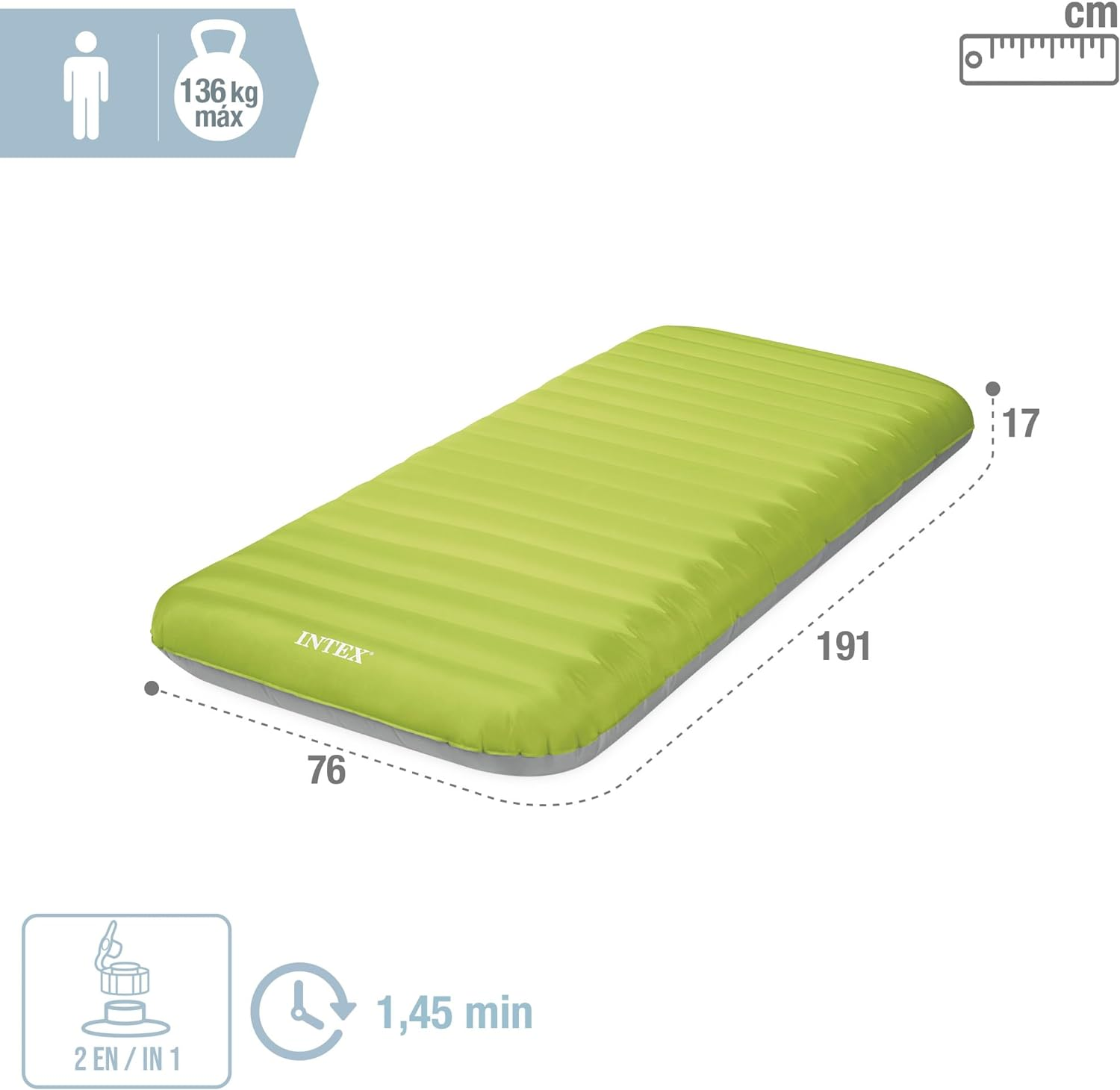 Een groene opblaasmatras met afmetingen van 191 cm lang, 76 cm breed en 17 cm dik.