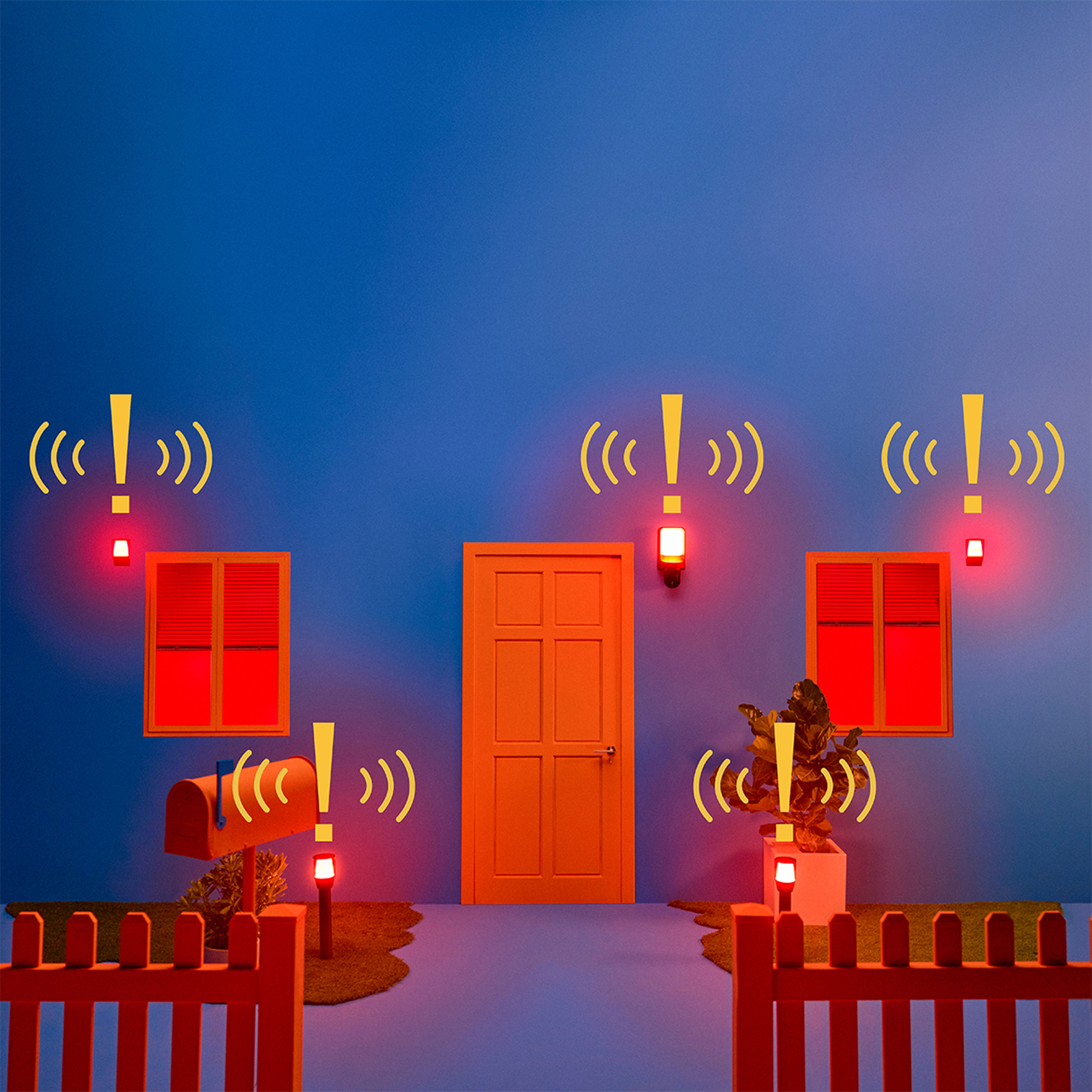 A house with red accents, exclamation point lights, and a blue background.