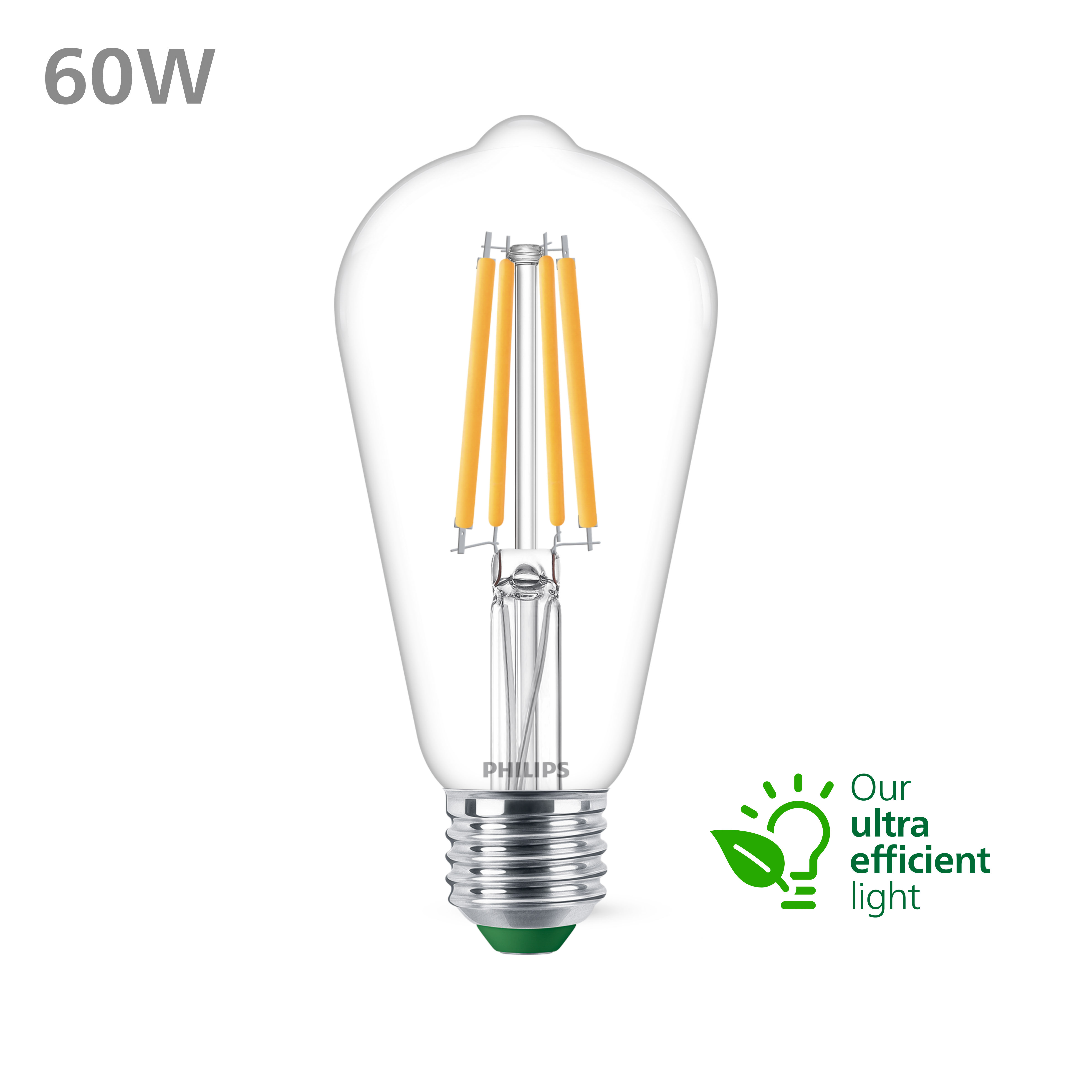 Klare Glühbirne mit orangefarbenen Filamenten, grünem Sockel und dem Text '60W' oben.
