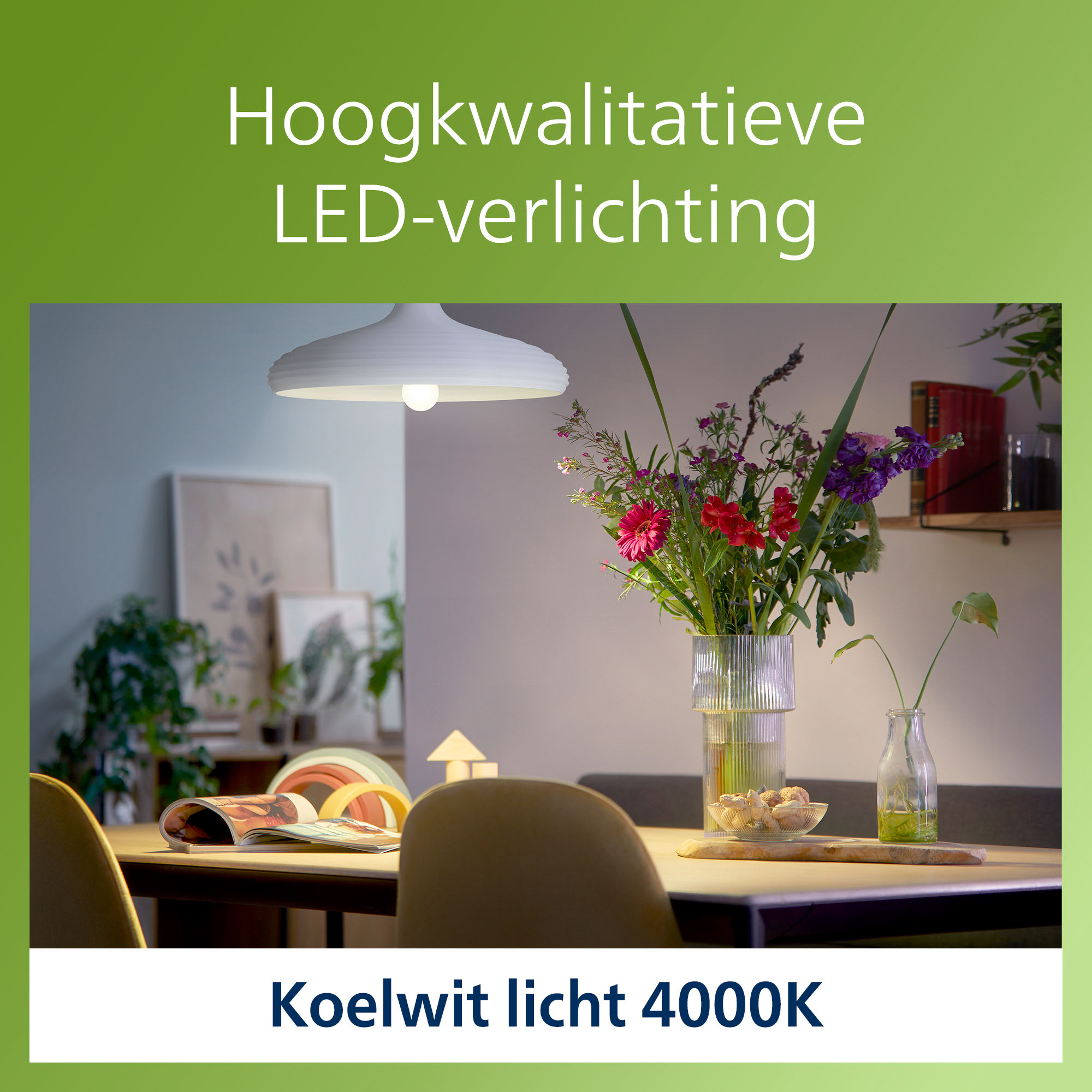 Un tavolo con un vaso di fiori, una lampada e un libro. Il testo in alto dice: Illuminazione LED.