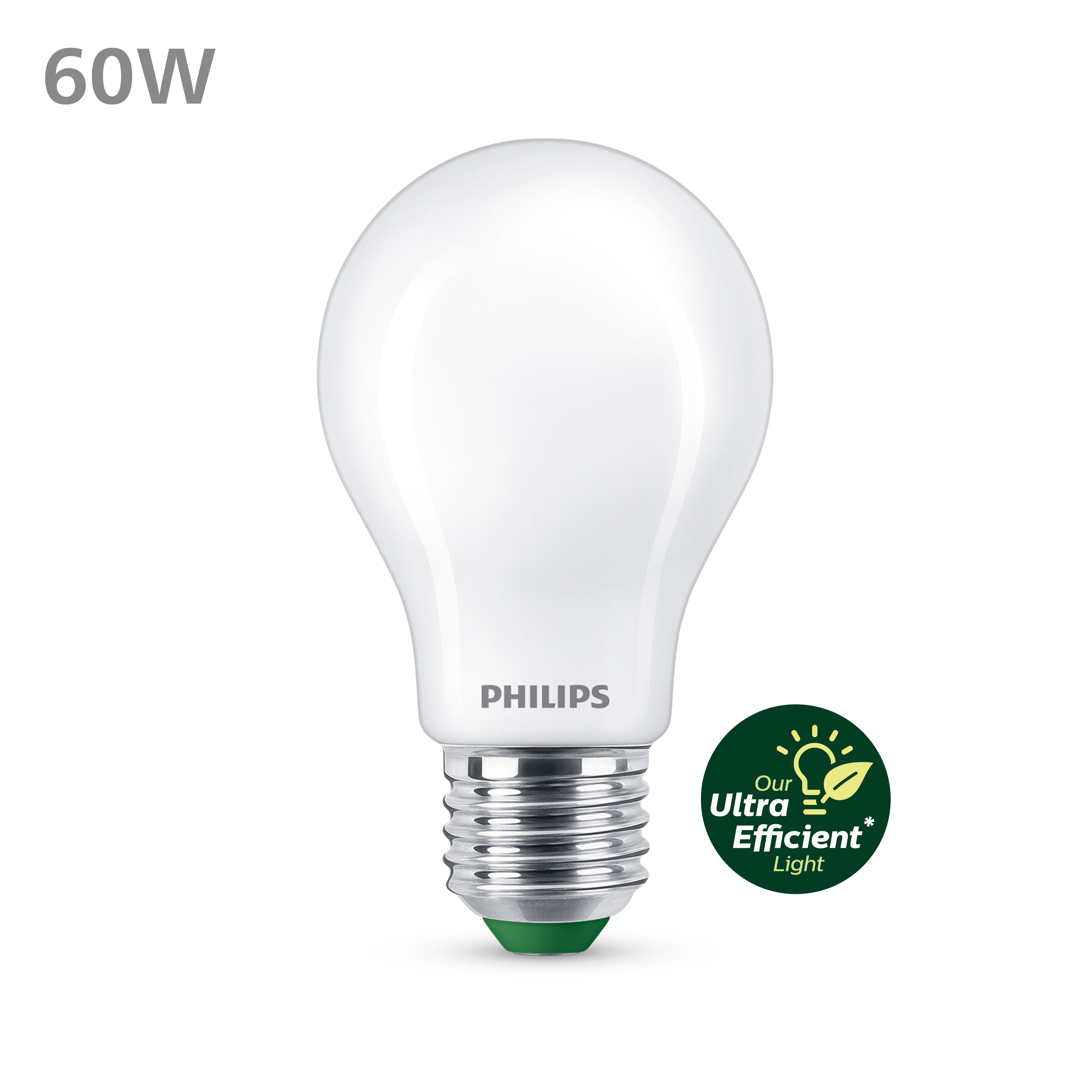 Une ampoule blanche Philips avec une base verte et une étiquette de 60W.