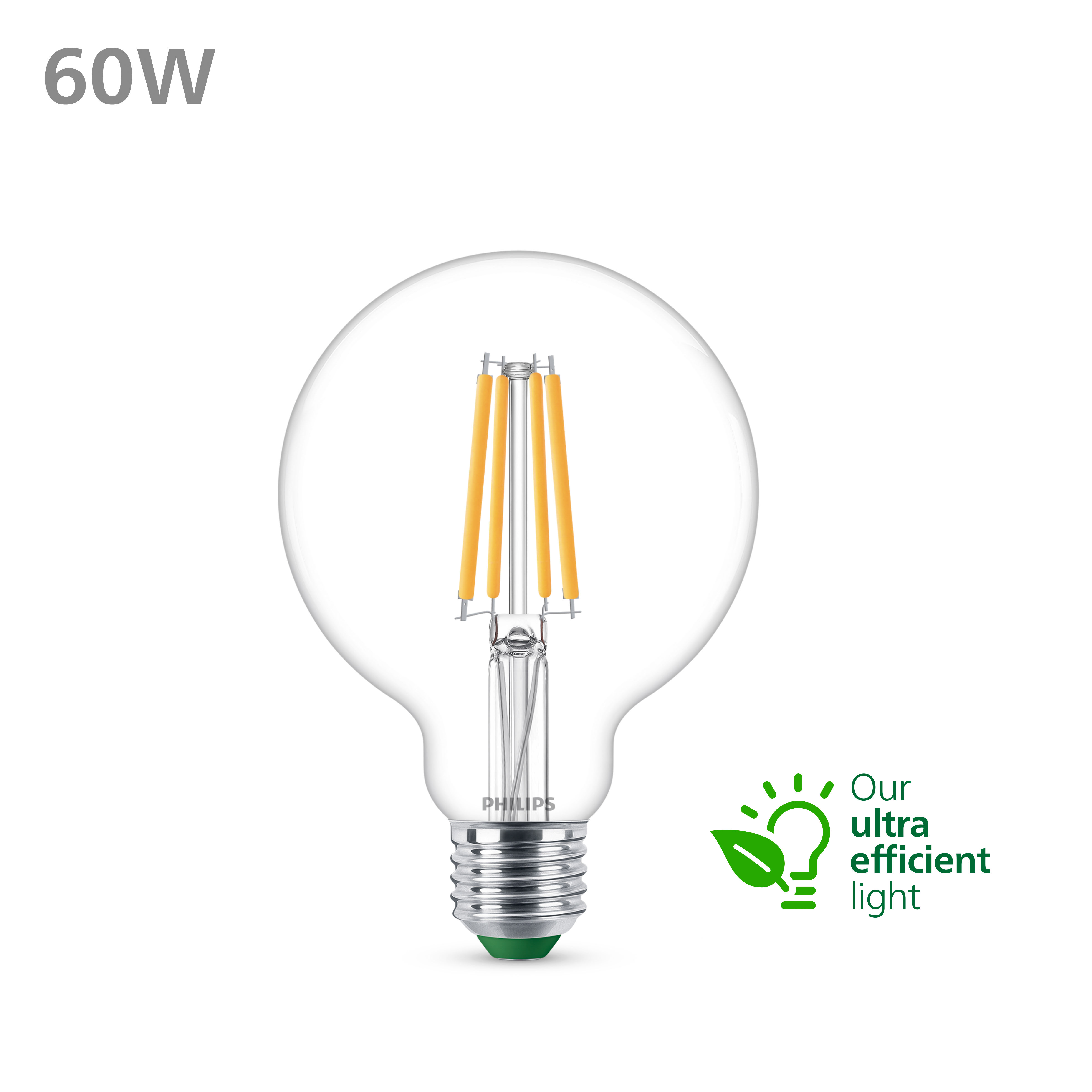 Una lampadina LED Philips, vetro trasparente, con base verde e filamenti arancioni.