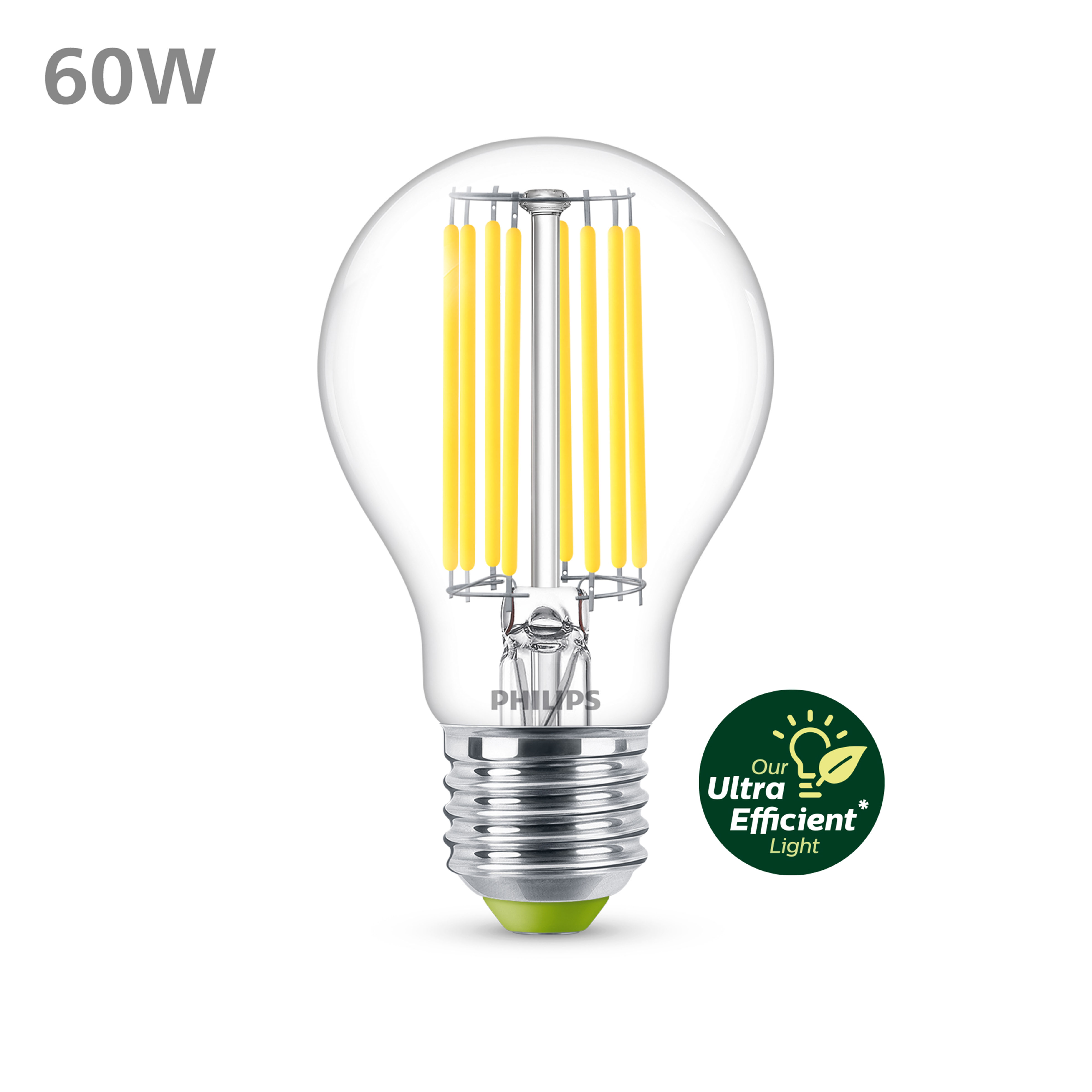 Une ampoule Philips transparente avec des filaments jaunes et une base verte.