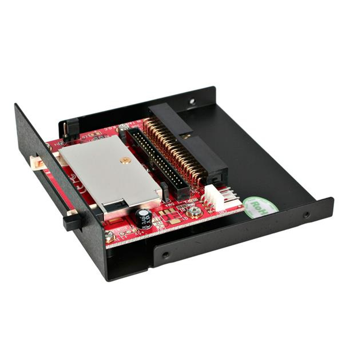 Elektronische Leiterplatte für einen Computer. Hat mehrere Anschlüsse und einen schwarzen Metallrahmen.